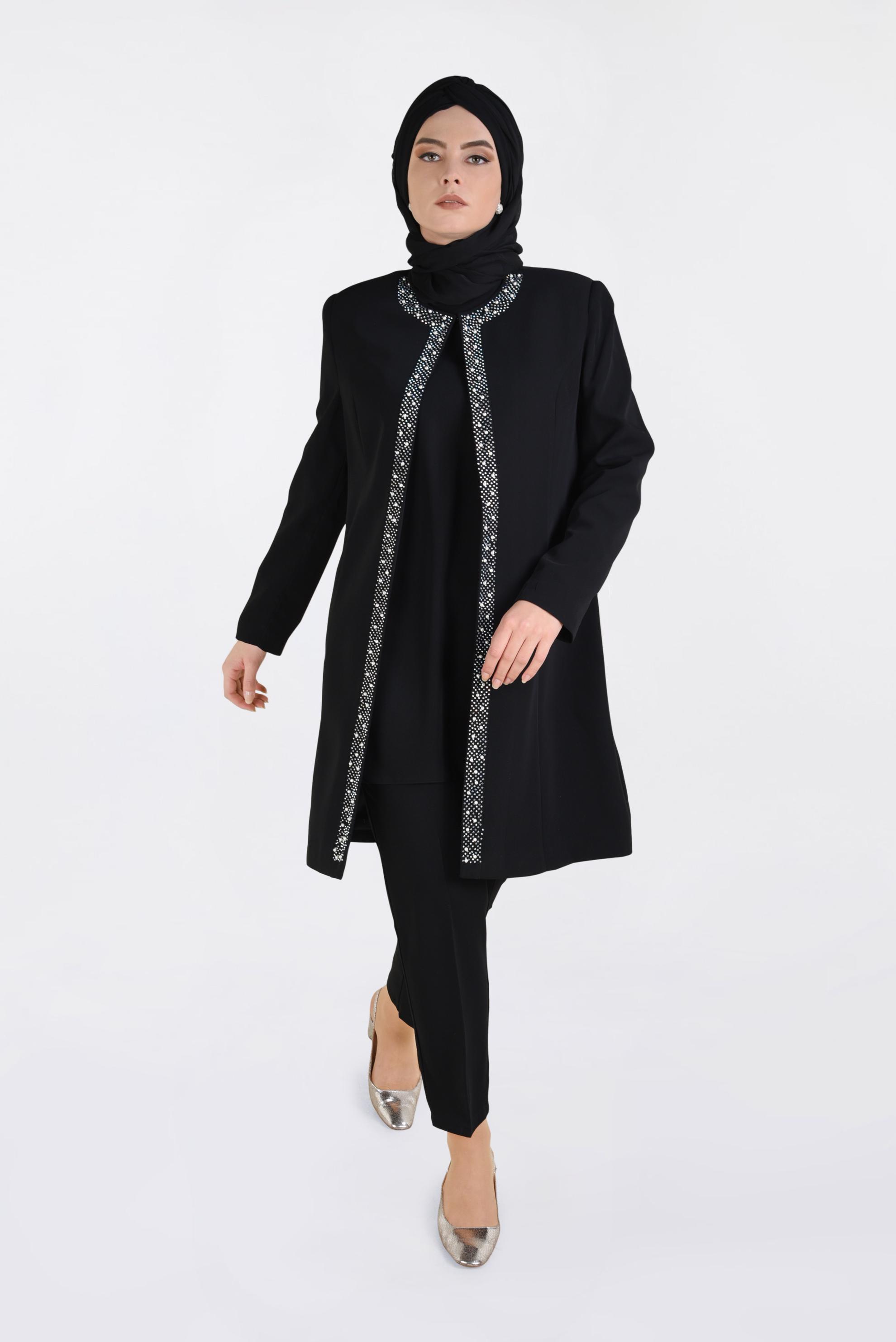 Tesettür giyim SİYAH TAŞ BASKILI İNCİ İŞLEMELİ ÜÇLÜ PANT.TAKIM 3473