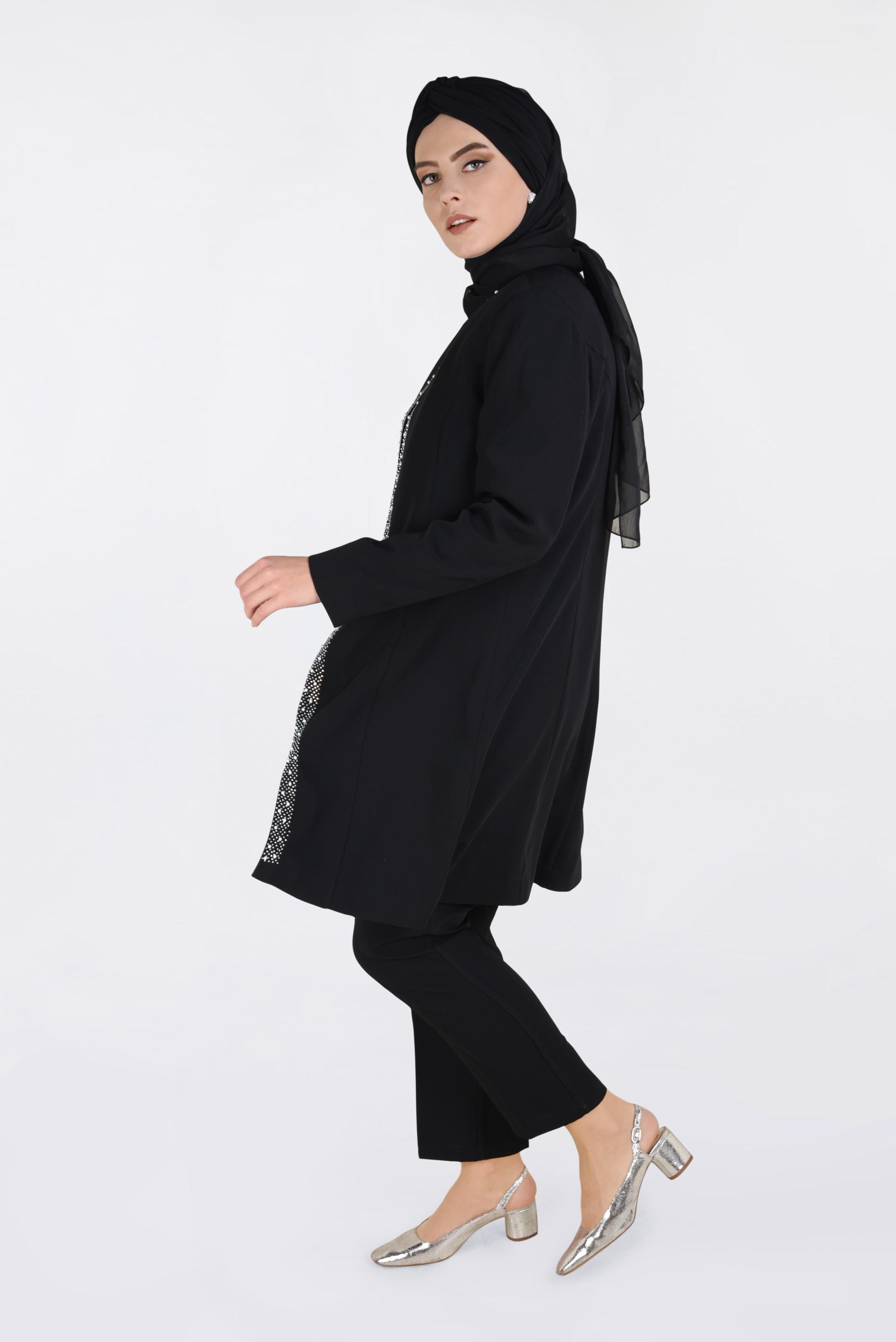 Tesettür giyim SİYAH TAŞ BASKILI İNCİ İŞLEMELİ ÜÇLÜ PANT.TAKIM 3473