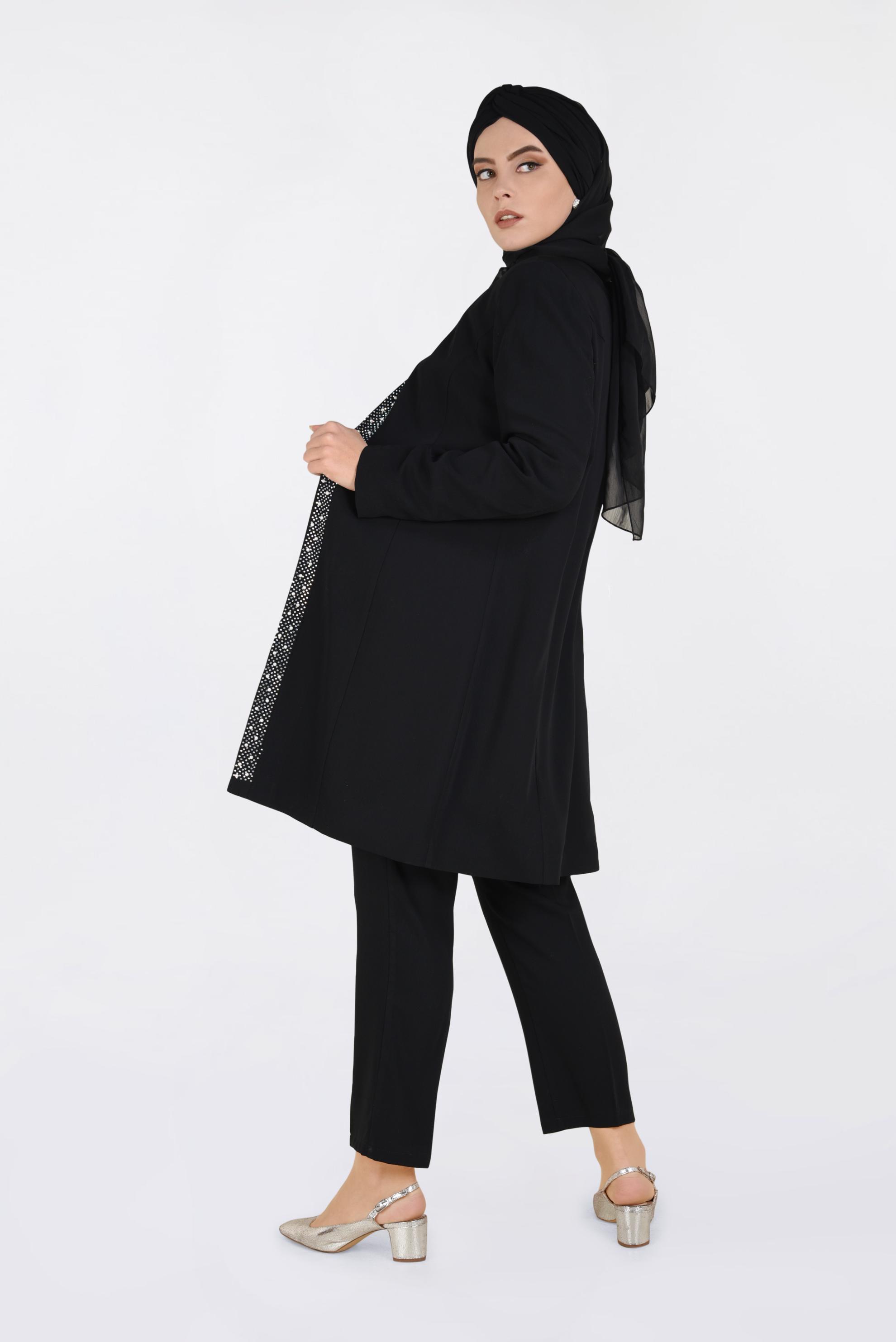 Tesettür giyim SİYAH TAŞ BASKILI İNCİ İŞLEMELİ ÜÇLÜ PANT.TAKIM 3473