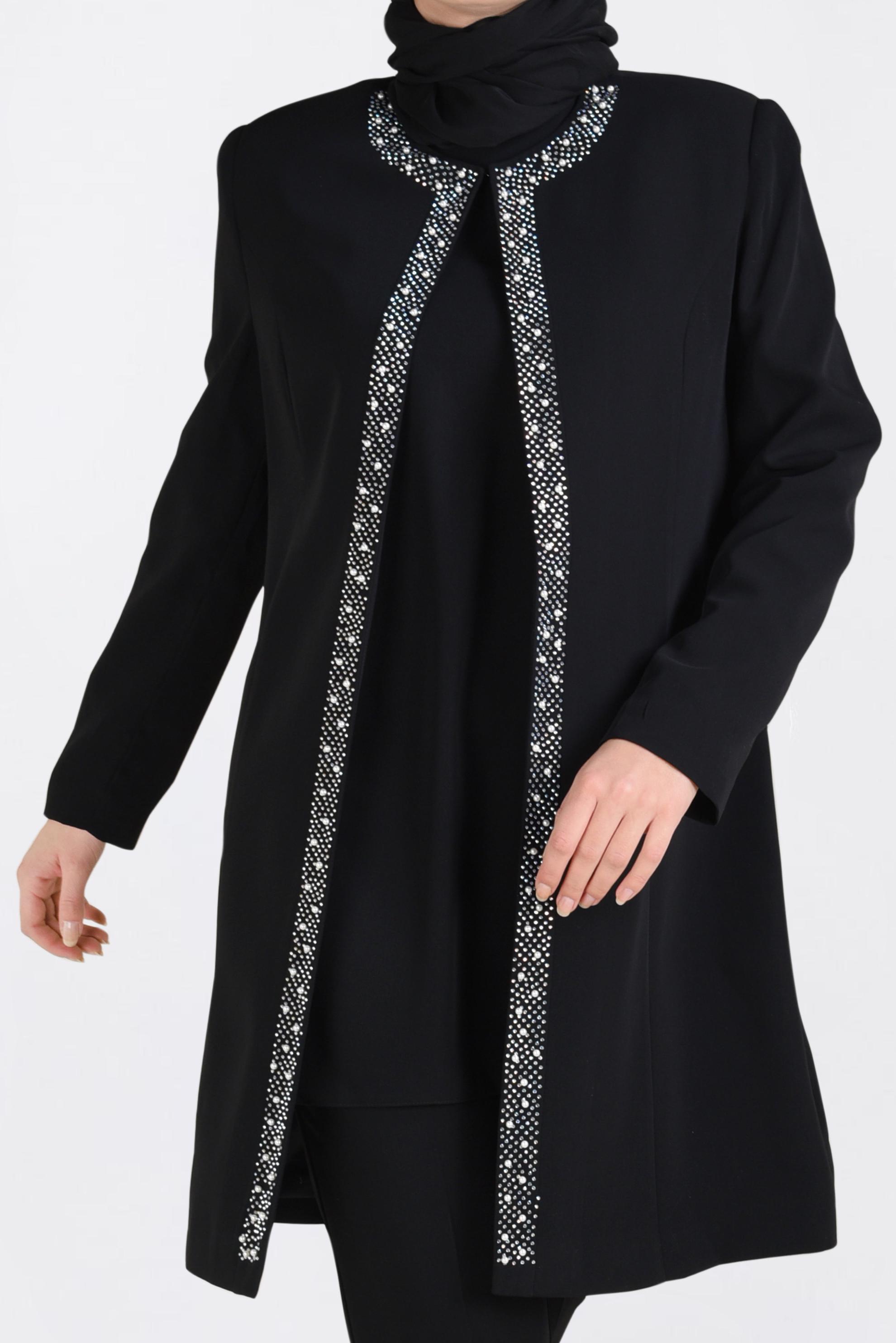 Tesettür giyim SİYAH TAŞ BASKILI İNCİ İŞLEMELİ ÜÇLÜ PANT.TAKIM 3473