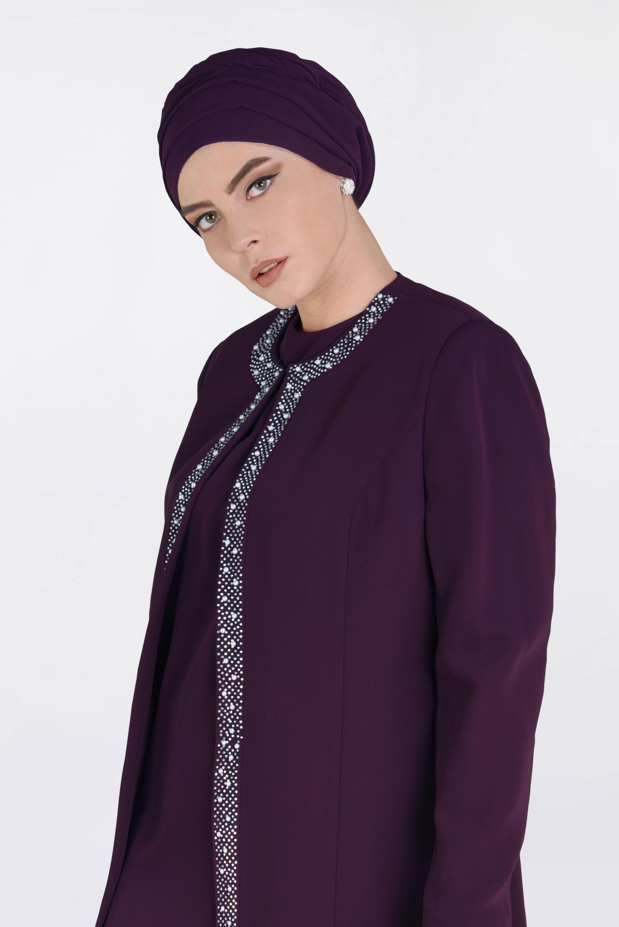 Tesettür giyim MOR TAŞ BASKILI İNCİ İŞLEMELİ ÜÇLÜ PANT.TAKIM 3473