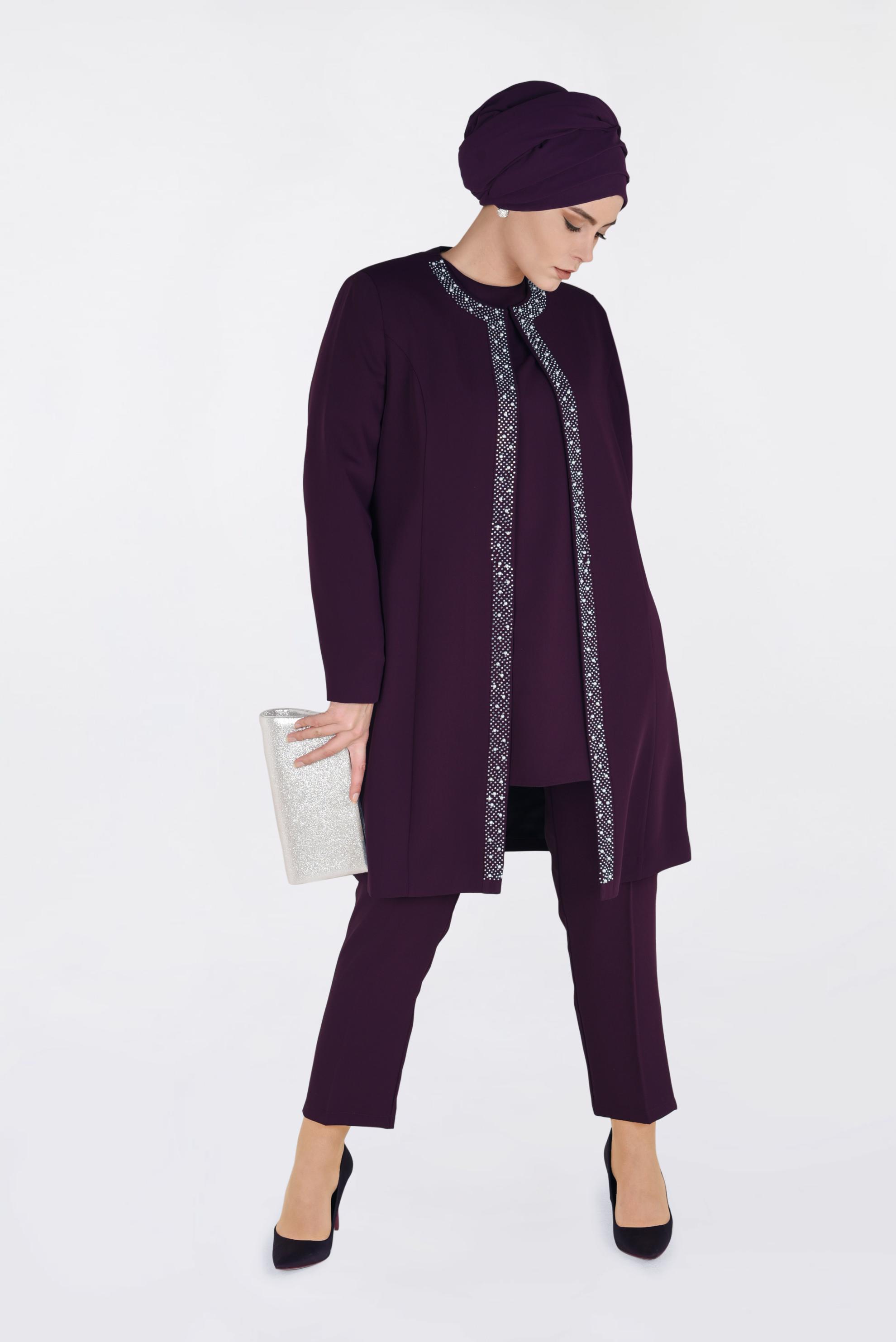 Tesettür giyim MOR TAŞ BASKILI İNCİ İŞLEMELİ ÜÇLÜ PANT.TAKIM 3473