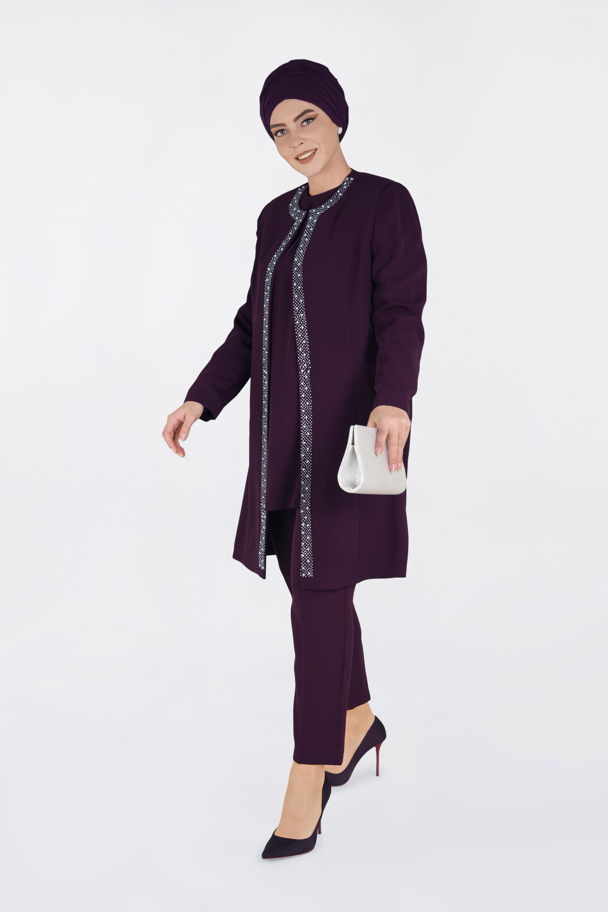 Tesettür giyim MOR TAŞ BASKILI İNCİ İŞLEMELİ ÜÇLÜ PANT.TAKIM 3473