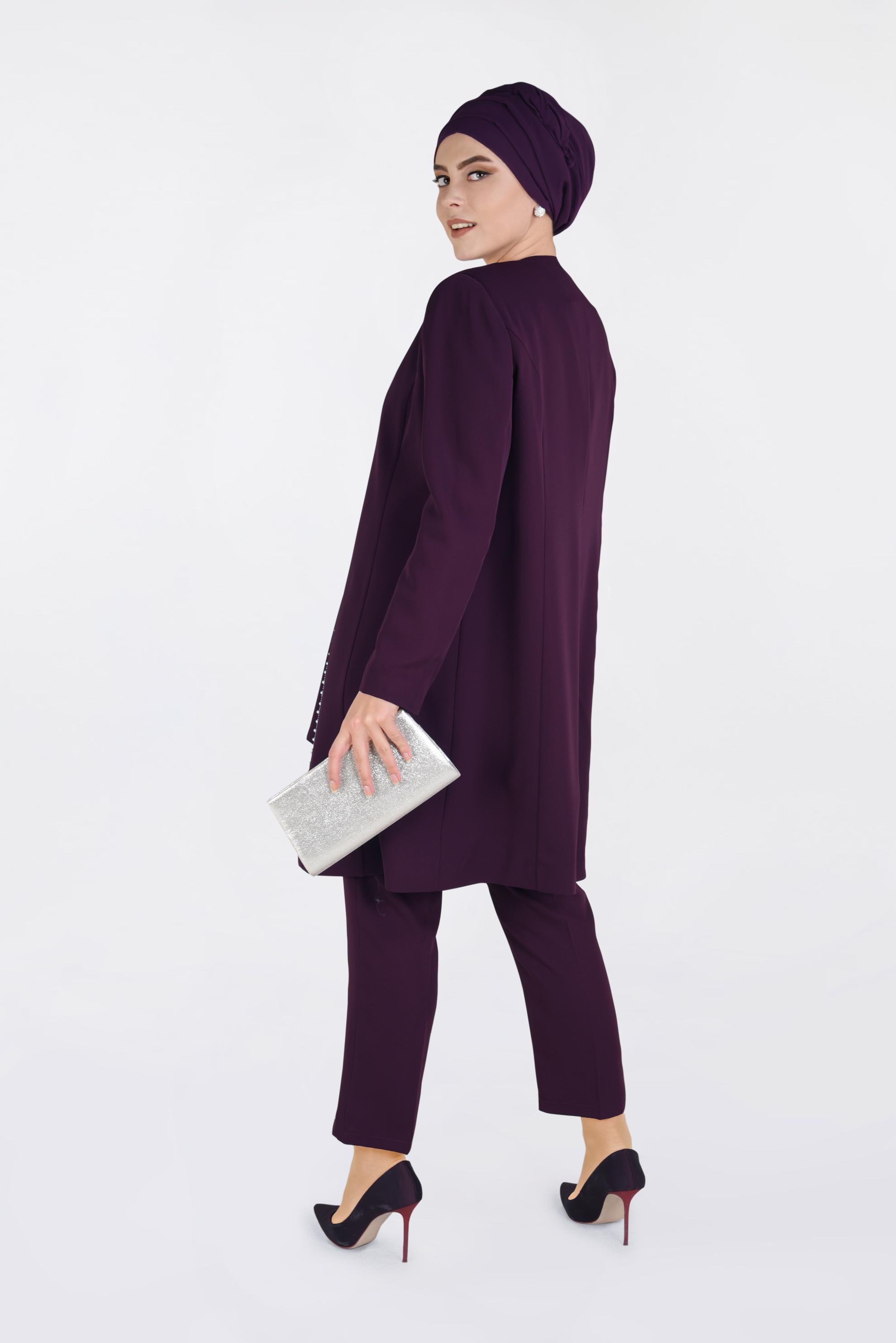 Tesettür giyim MOR TAŞ BASKILI İNCİ İŞLEMELİ ÜÇLÜ PANT.TAKIM 3473