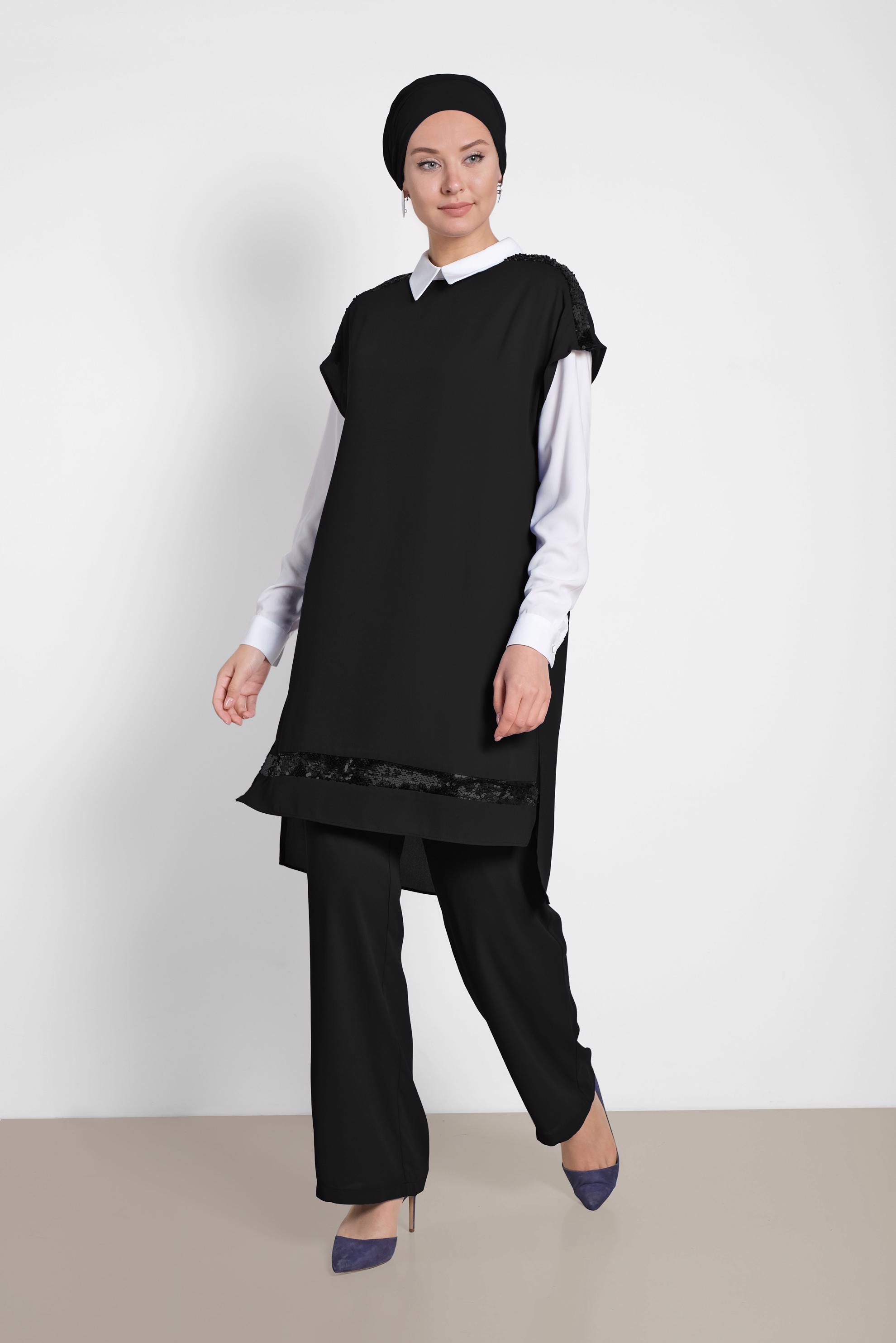 Tesettür giyim SİYAH PUL PAYETLİ ÜÇLÜ PANTOLONLU TAKIM 3501