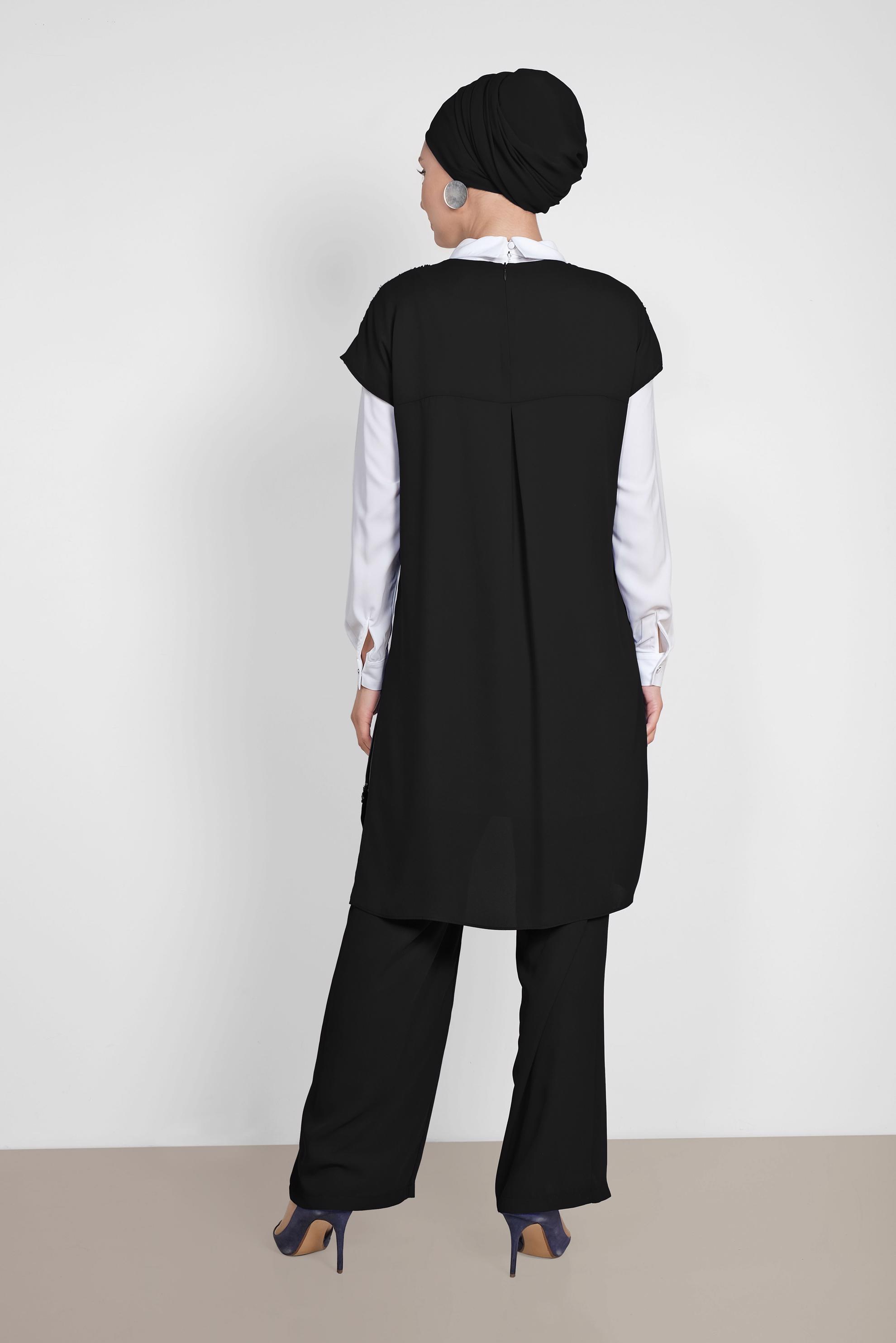 Tesettür giyim SİYAH PUL PAYETLİ ÜÇLÜ PANTOLONLU TAKIM 3501