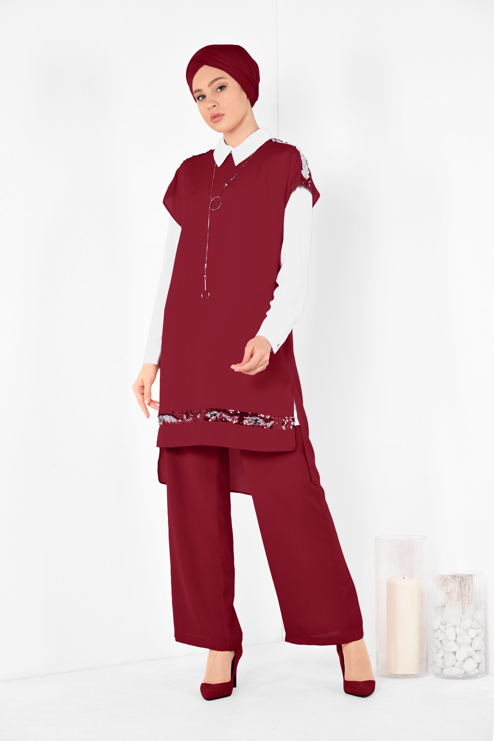 Tesettür giyim KIRMIZI PUL PAYETLİ ÜÇLÜ PANTOLONLU TAKIM 3501