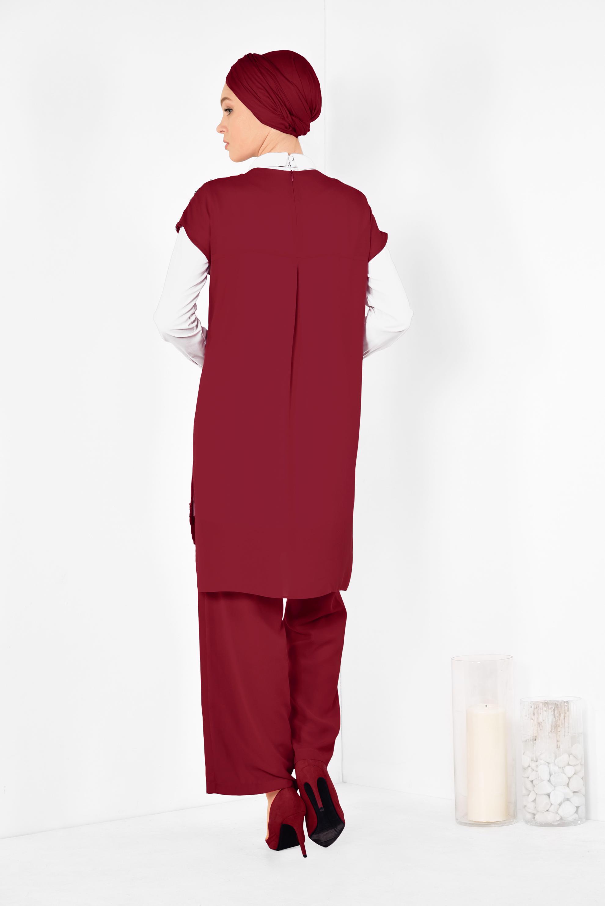 Tesettür giyim KIRMIZI PUL PAYETLİ ÜÇLÜ PANTOLONLU TAKIM 3501