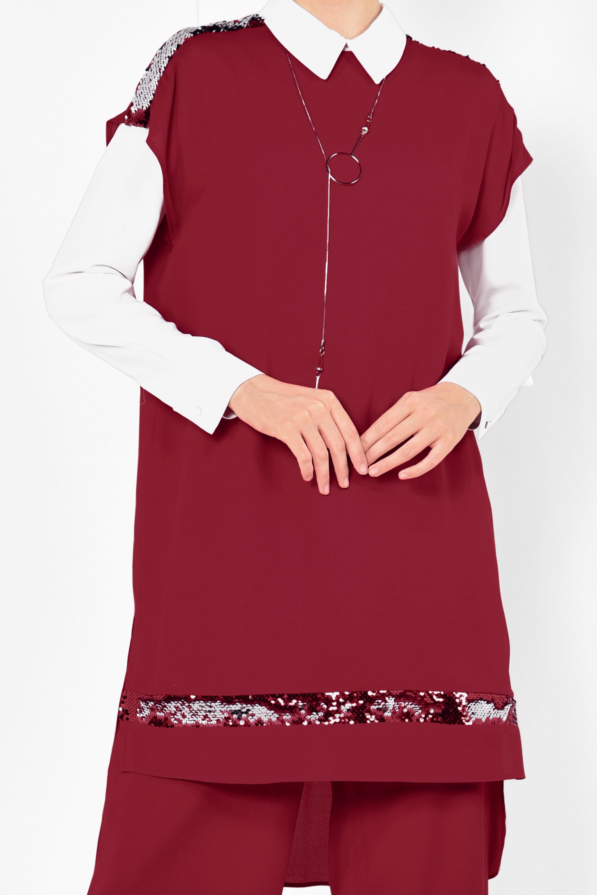 Tesettür giyim KIRMIZI PUL PAYETLİ ÜÇLÜ PANTOLONLU TAKIM 3501