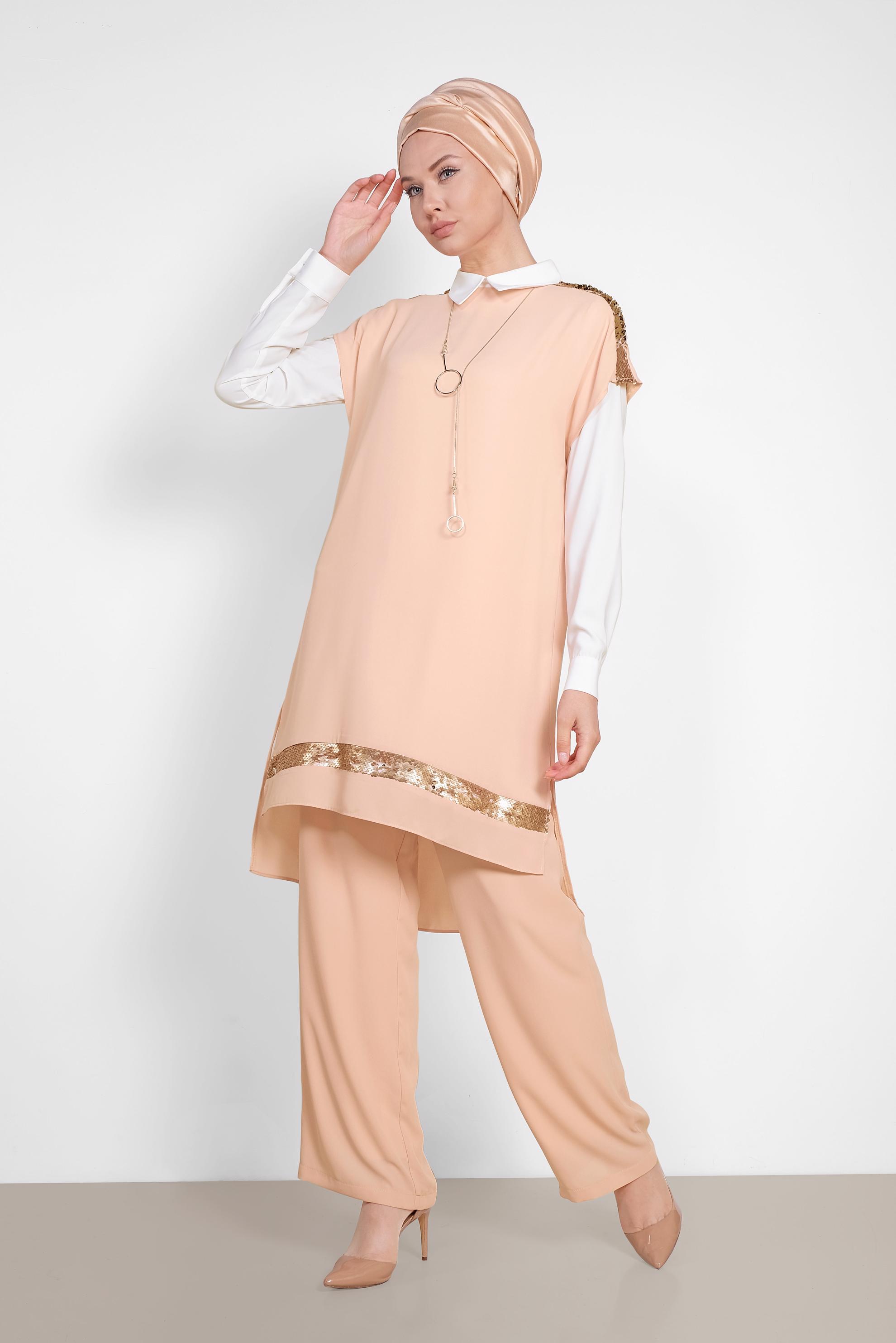 Tesettür giyim PUDRA PUL PAYETLİ ÜÇLÜ PANTOLONLU TAKIM 3501