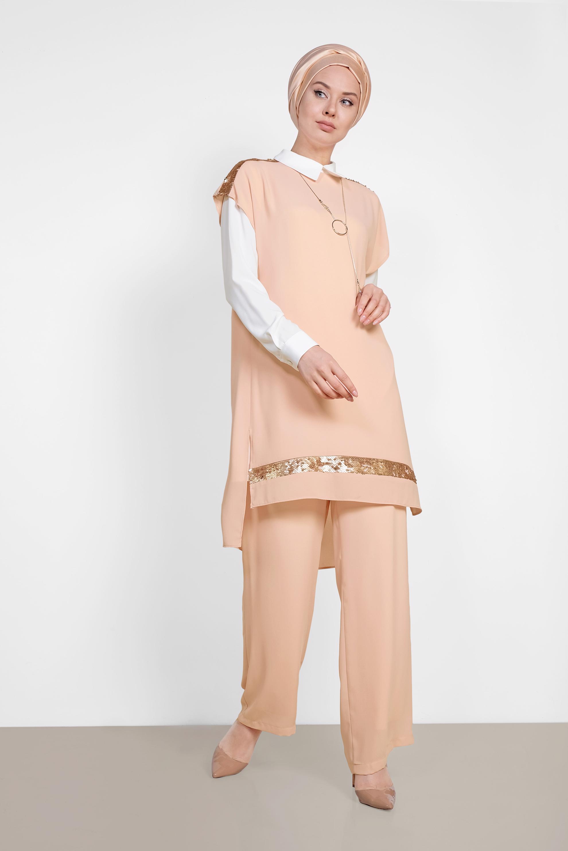 Tesettür giyim PUDRA PUL PAYETLİ ÜÇLÜ PANTOLONLU TAKIM 3501