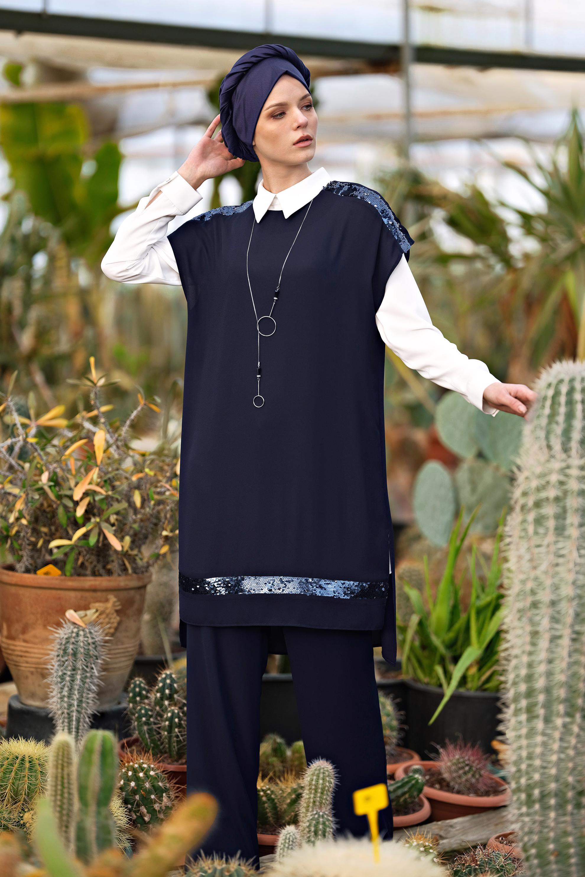 Tesettür giyim LACİVERT PUL PAYETLİ ÜÇLÜ PANTOLONLU TAKIM 3501