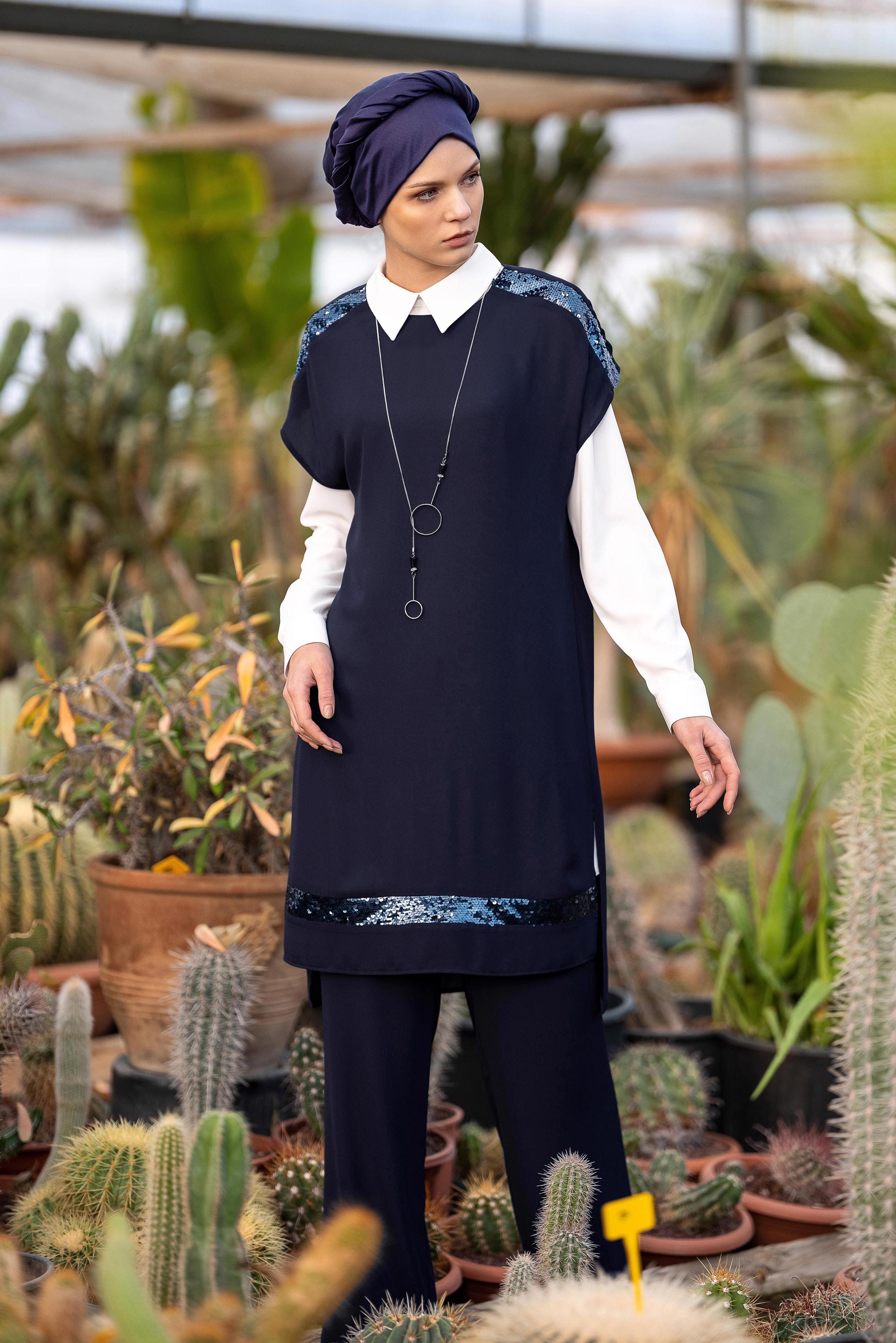 Tesettür giyim LACİVERT PUL PAYETLİ ÜÇLÜ PANTOLONLU TAKIM 3501