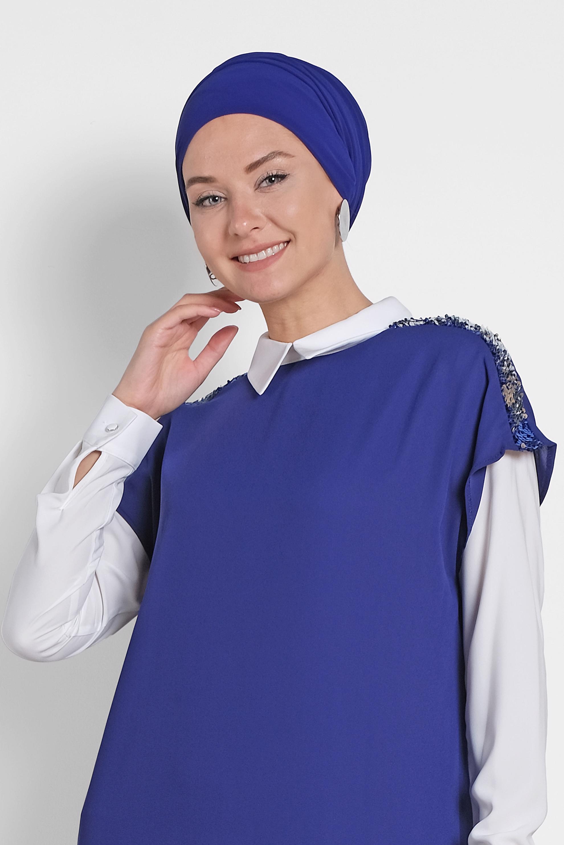 Tesettür giyim MAVİ PUL PAYETLİ ÜÇLÜ PANTOLONLU TAKIM 3501