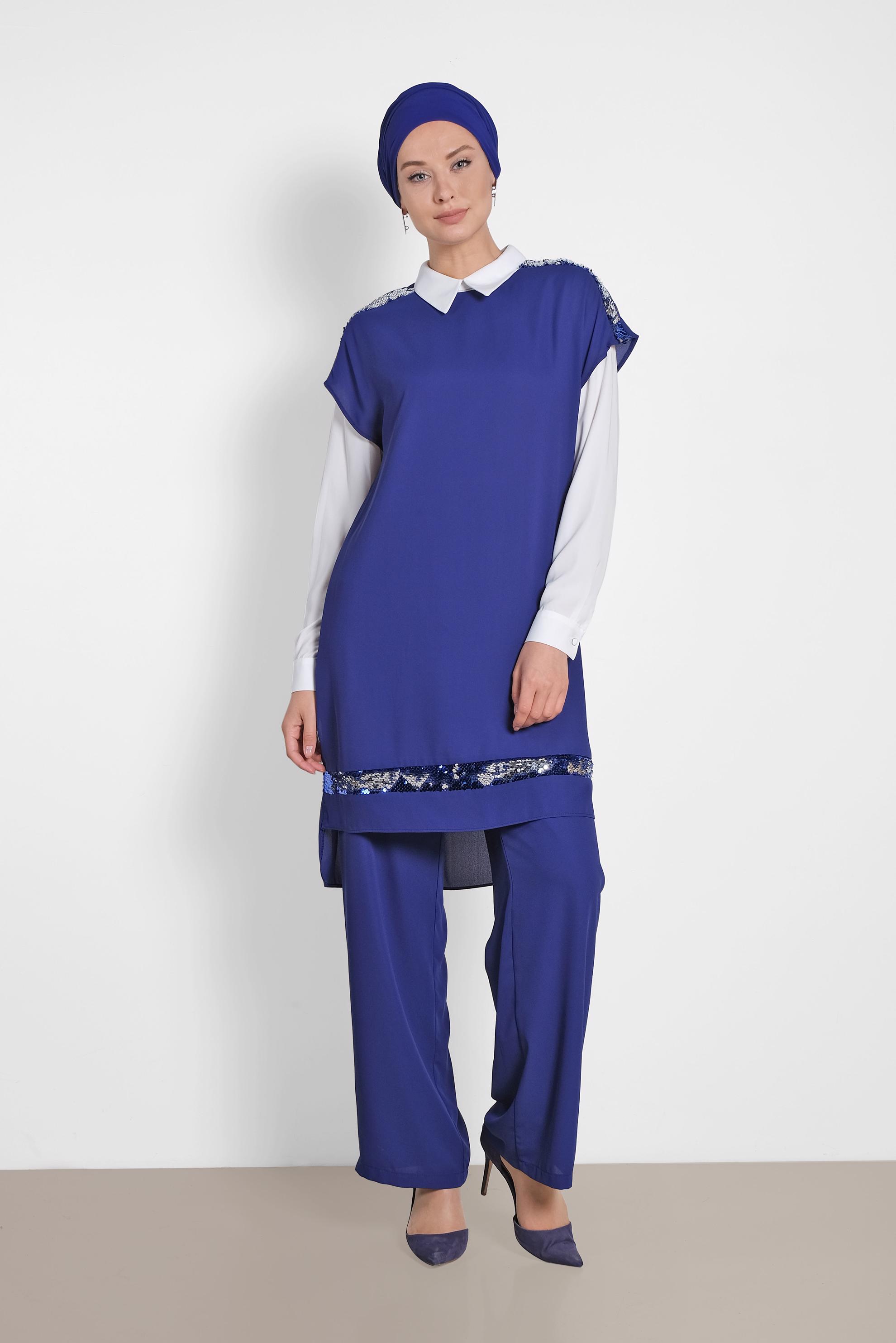 Tesettür giyim MAVİ PUL PAYETLİ ÜÇLÜ PANTOLONLU TAKIM 3501