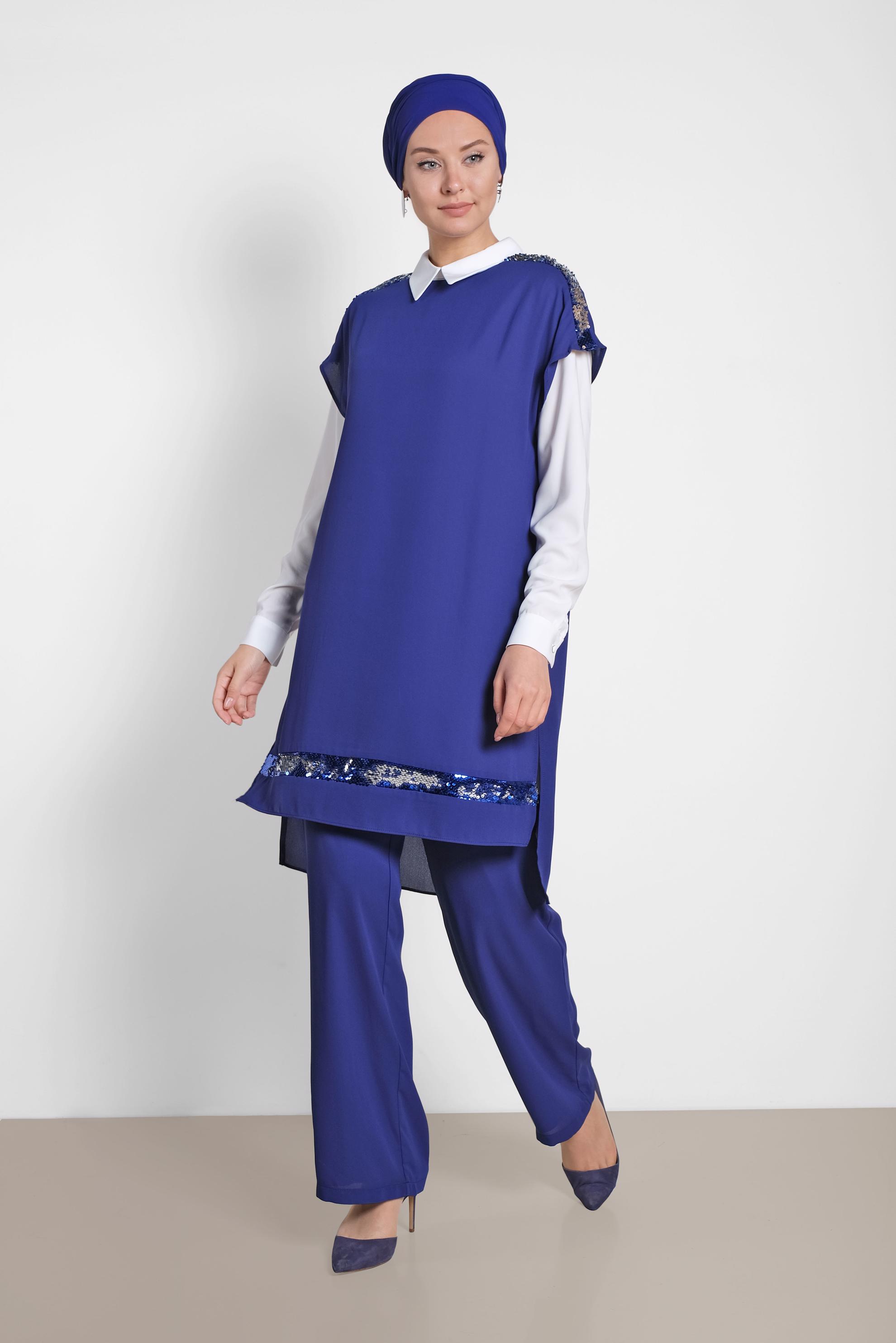 Tesettür giyim MAVİ PUL PAYETLİ ÜÇLÜ PANTOLONLU TAKIM 3501