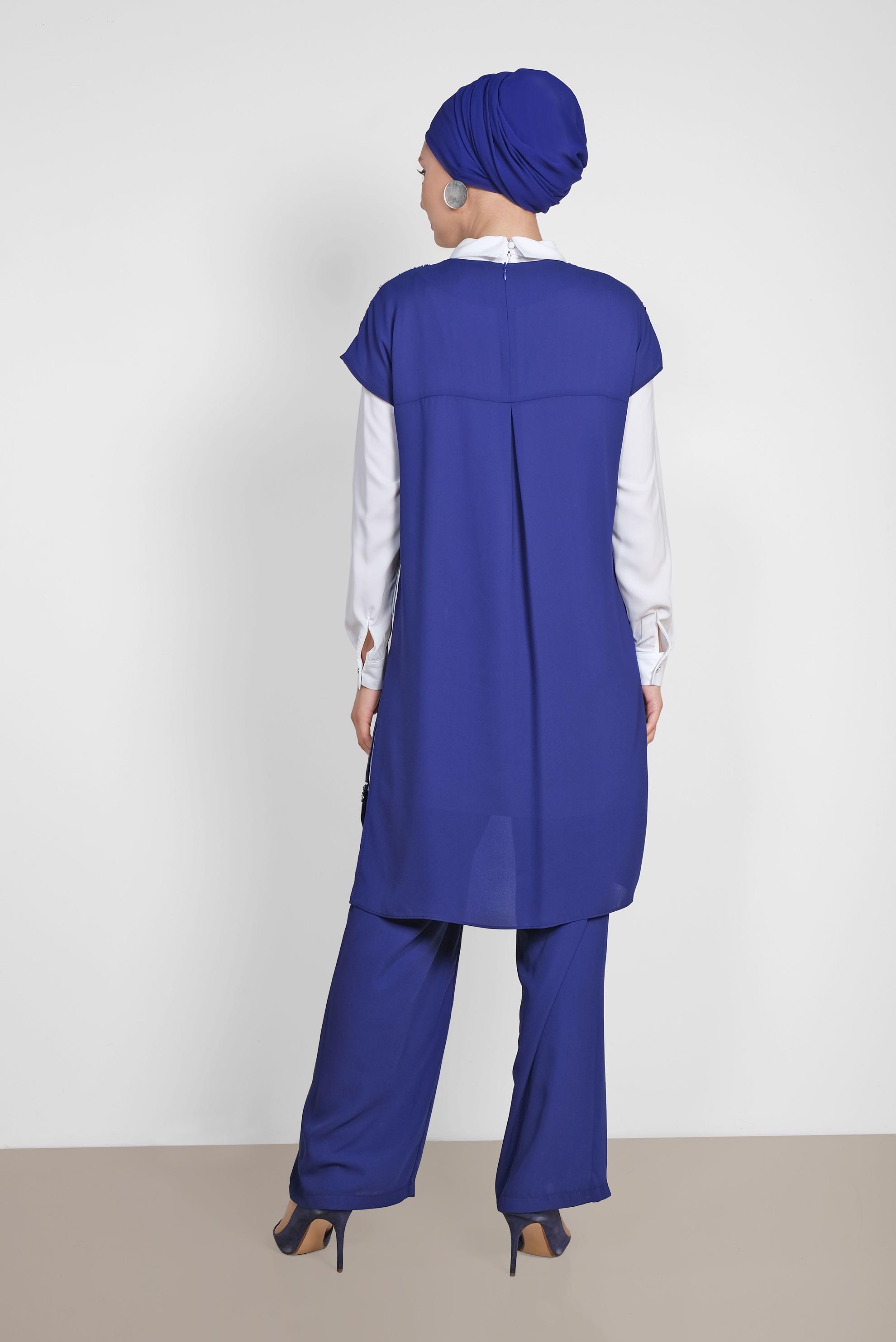 Tesettür giyim MAVİ PUL PAYETLİ ÜÇLÜ PANTOLONLU TAKIM 3501