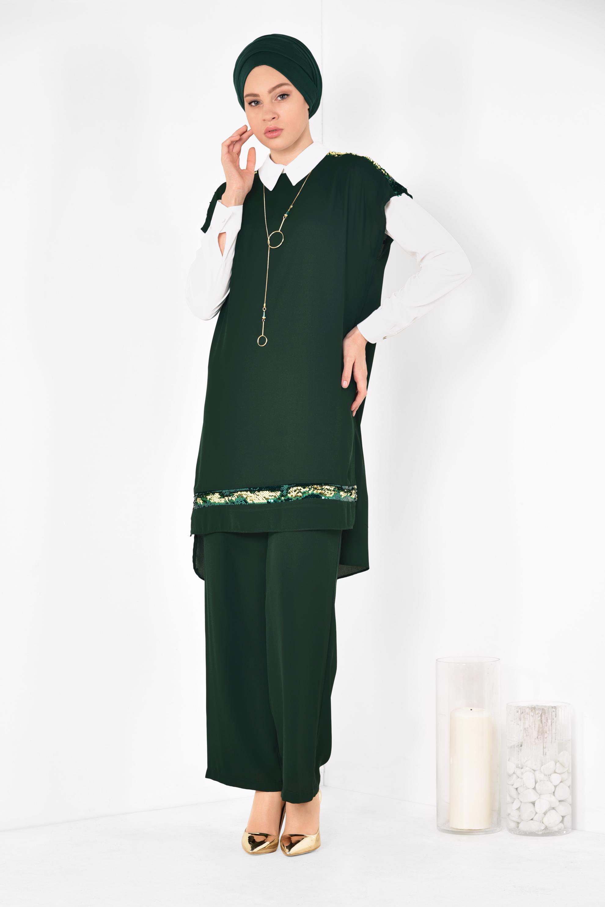 Tesettür giyim YEŞİL PUL PAYETLİ ÜÇLÜ PANTOLONLU TAKIM 3501