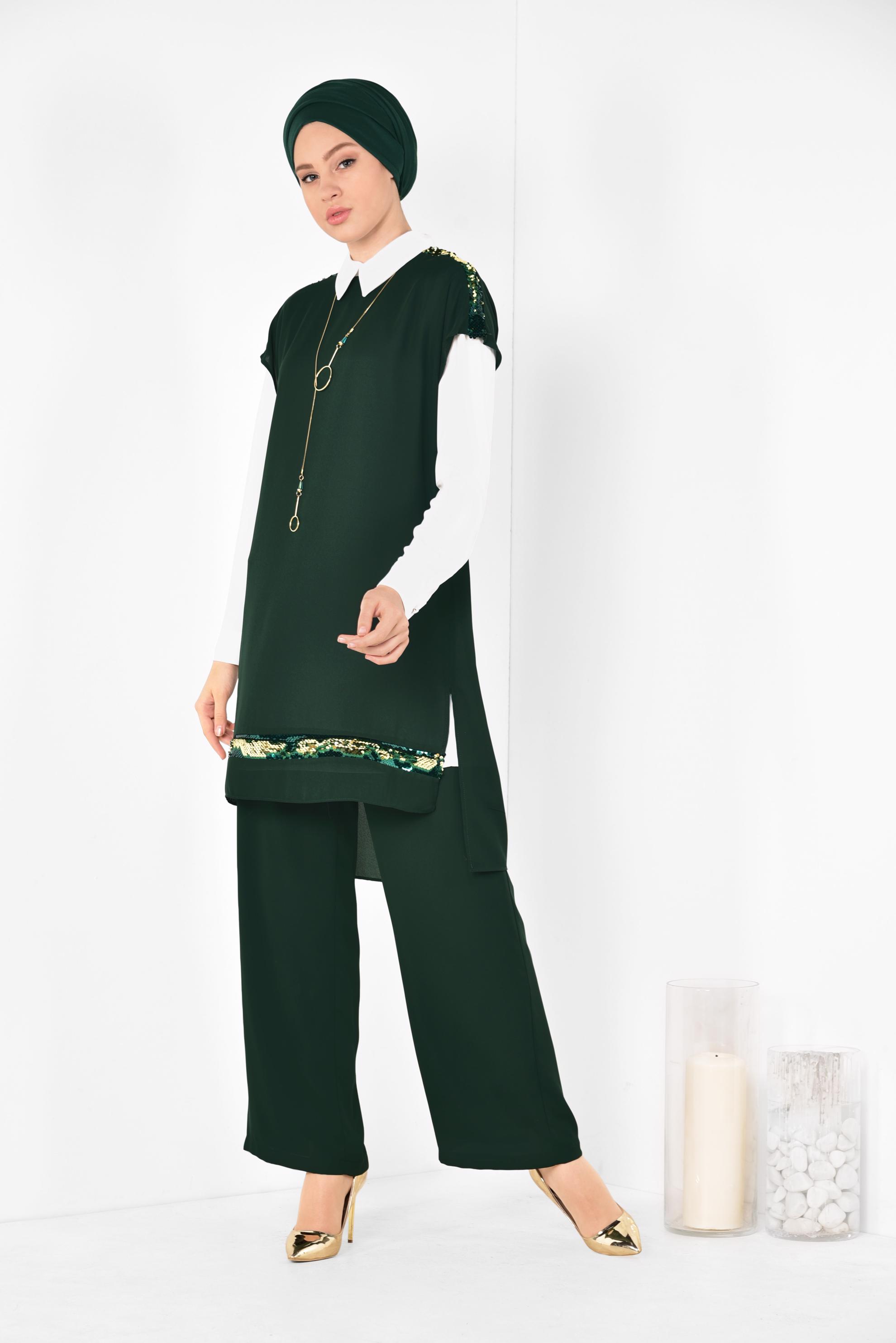Tesettür giyim YEŞİL PUL PAYETLİ ÜÇLÜ PANTOLONLU TAKIM 3501