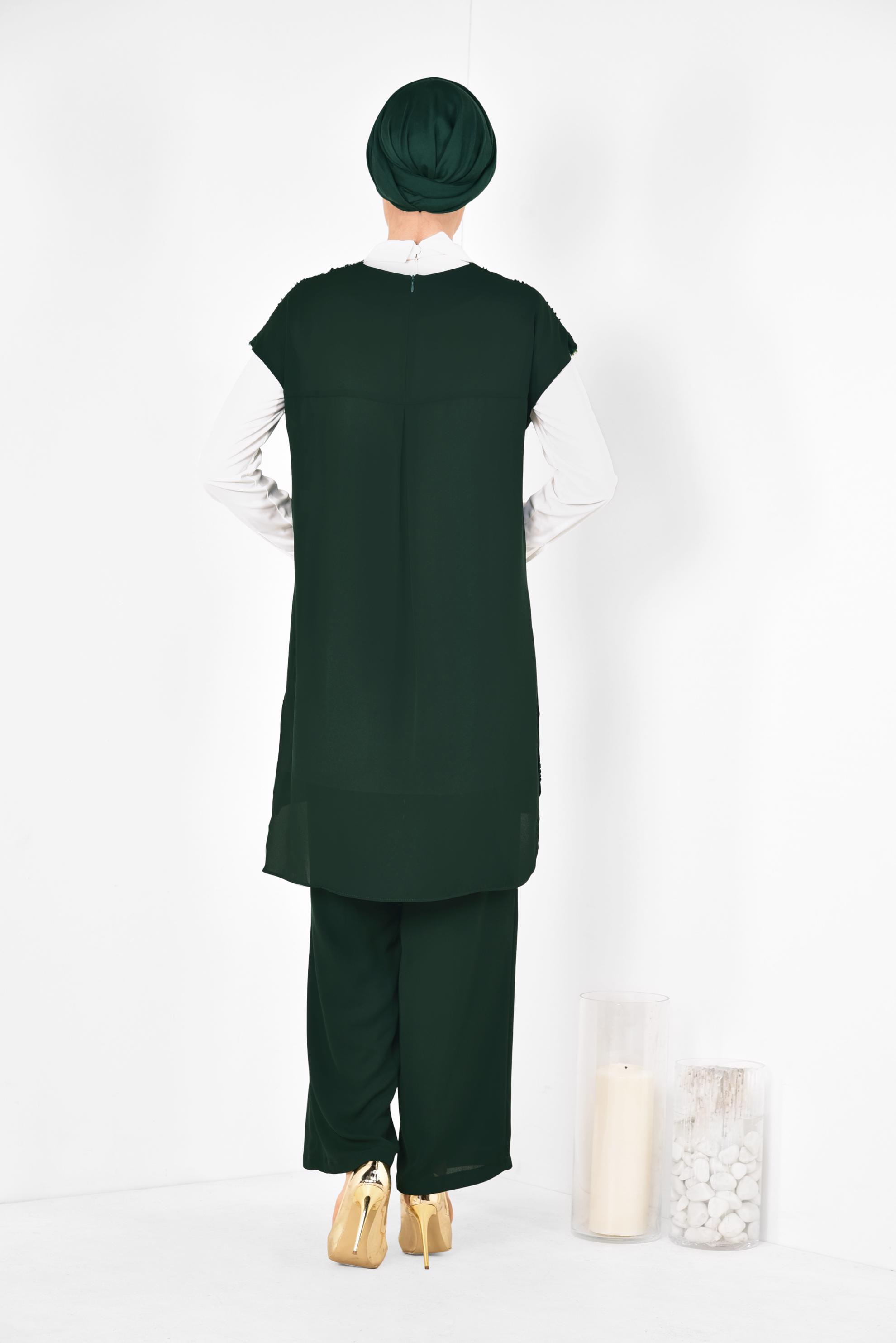 Tesettür giyim YEŞİL PUL PAYETLİ ÜÇLÜ PANTOLONLU TAKIM 3501