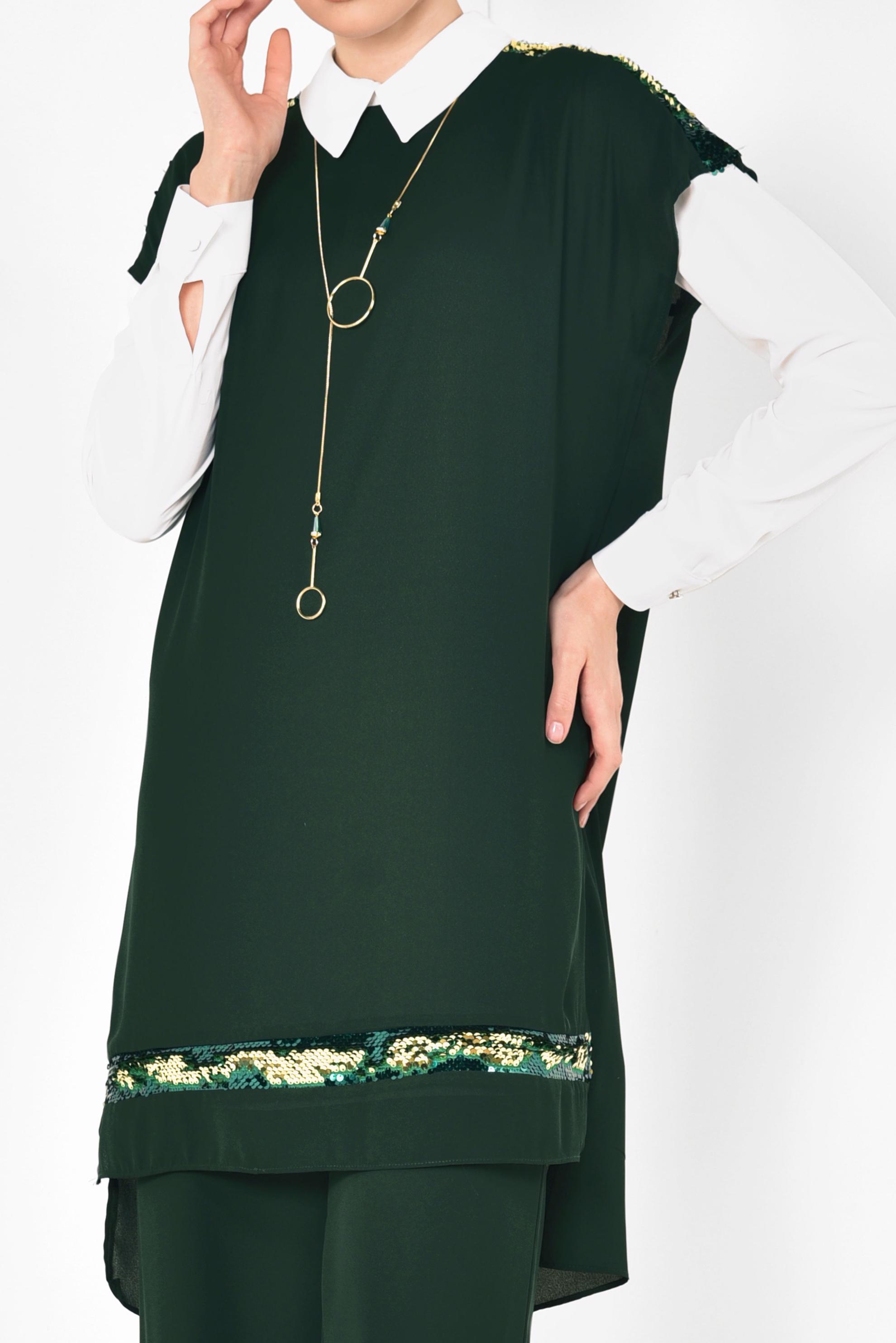 Tesettür giyim YEŞİL PUL PAYETLİ ÜÇLÜ PANTOLONLU TAKIM 3501