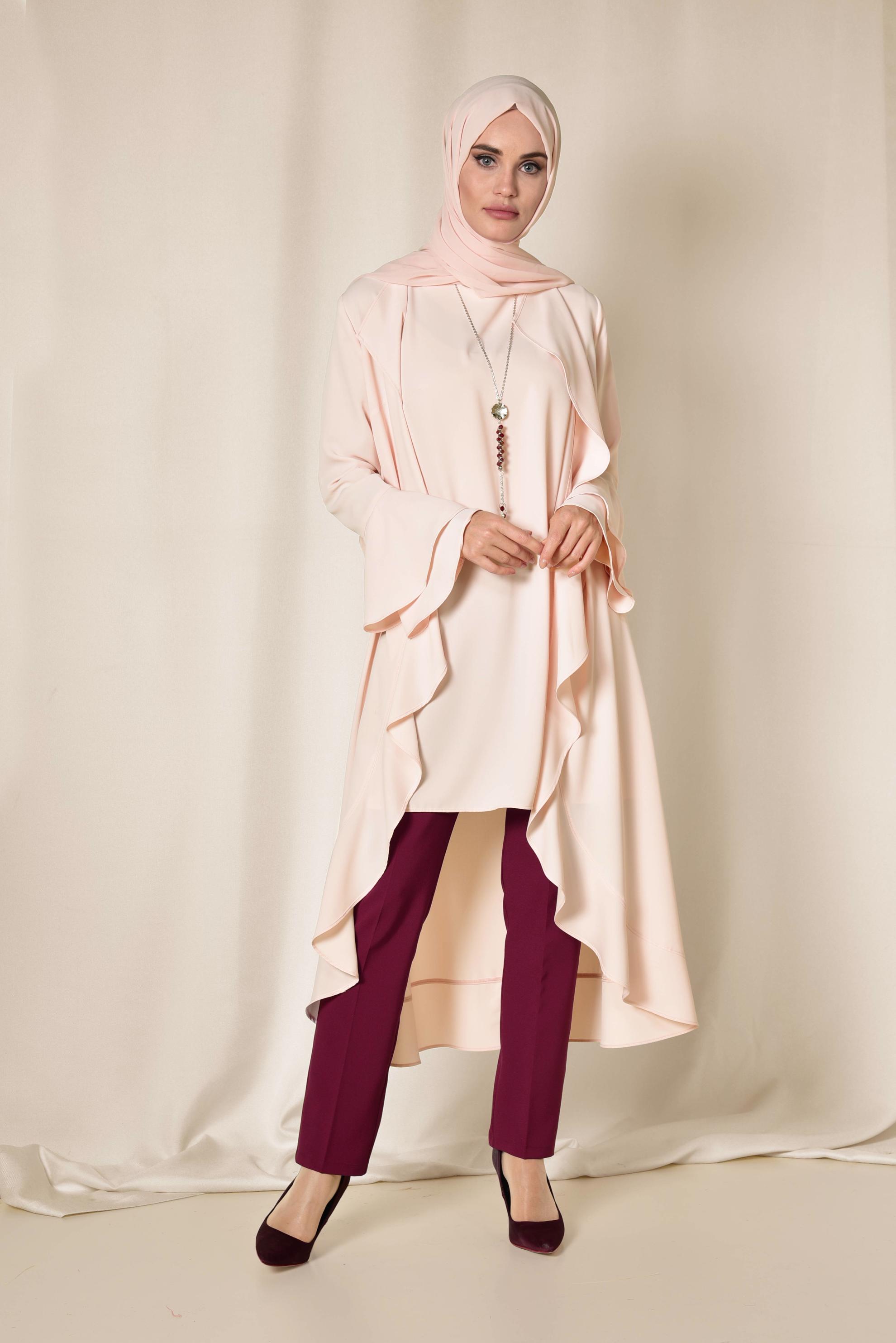 Tesettür giyim PUDRA ARKASI ÇİÇEK DESENLİ ÜÇLÜ PANTOLONLU TAKIM 3503