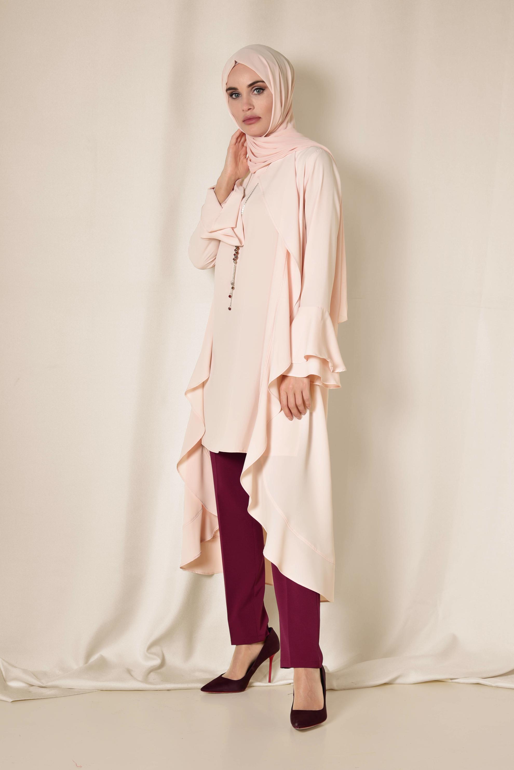 Tesettür giyim PUDRA ARKASI ÇİÇEK DESENLİ ÜÇLÜ PANTOLONLU TAKIM 3503