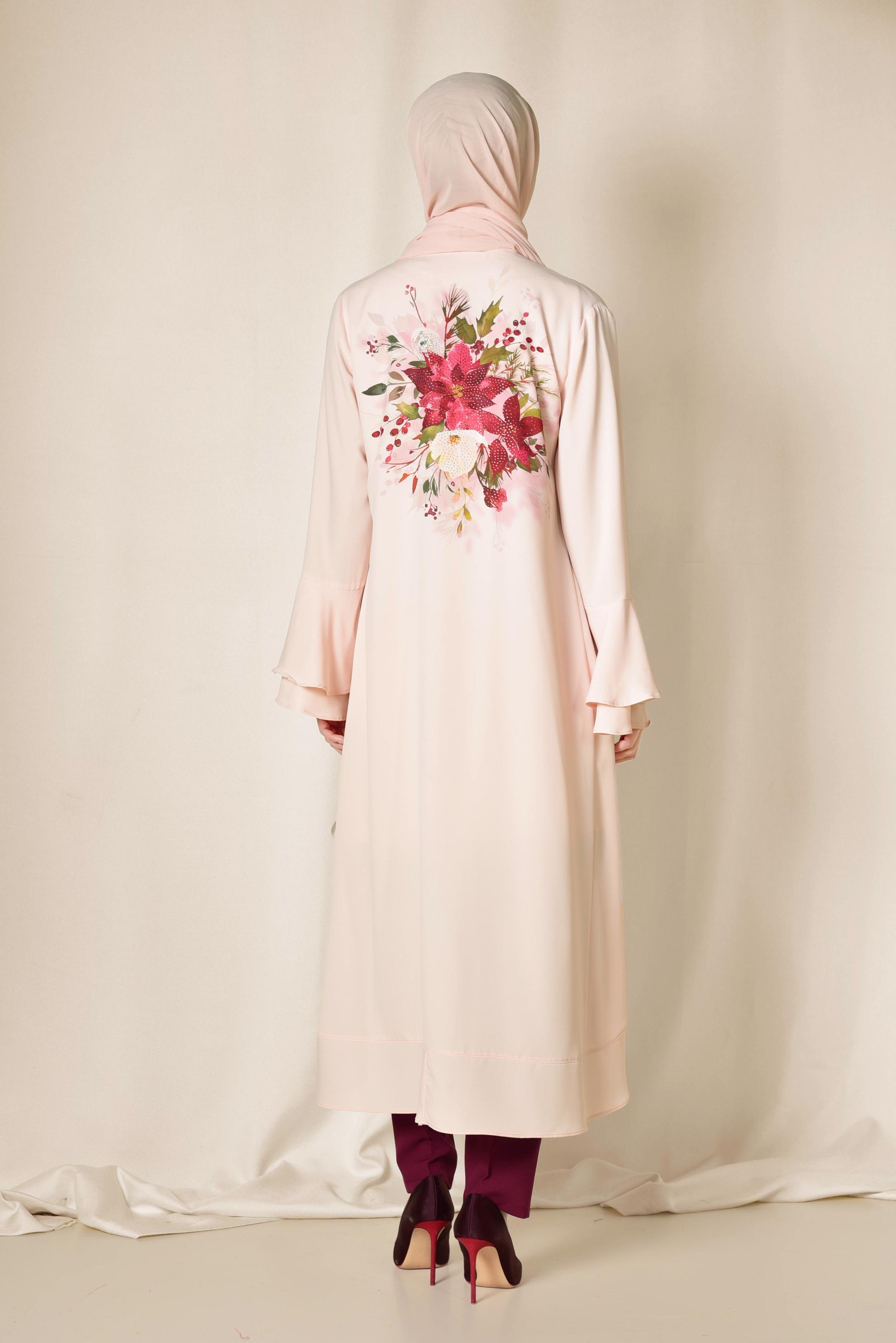 Tesettür giyim PUDRA ARKASI ÇİÇEK DESENLİ ÜÇLÜ PANTOLONLU TAKIM 3503