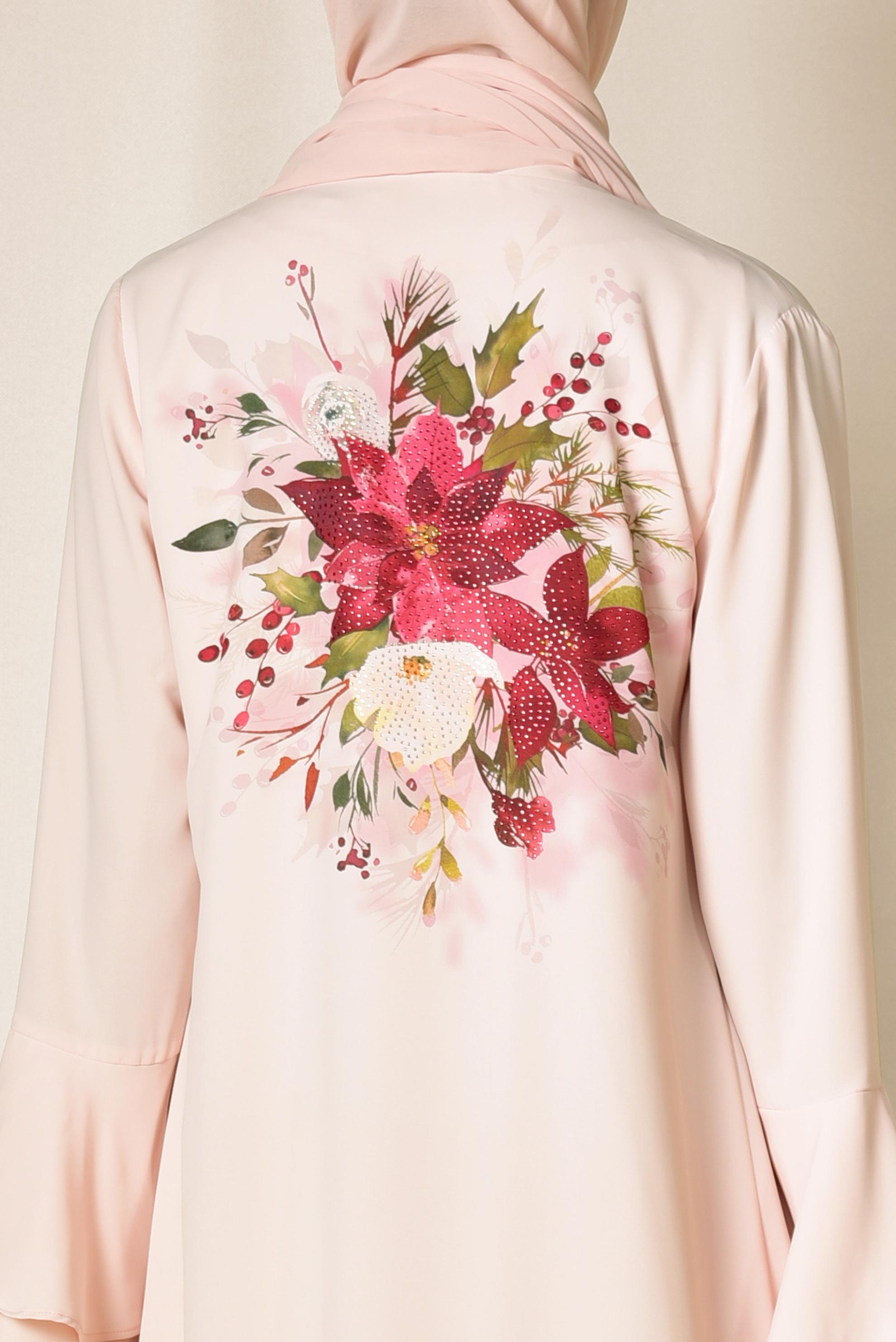 Tesettür giyim PUDRA ARKASI ÇİÇEK DESENLİ ÜÇLÜ PANTOLONLU TAKIM 3503