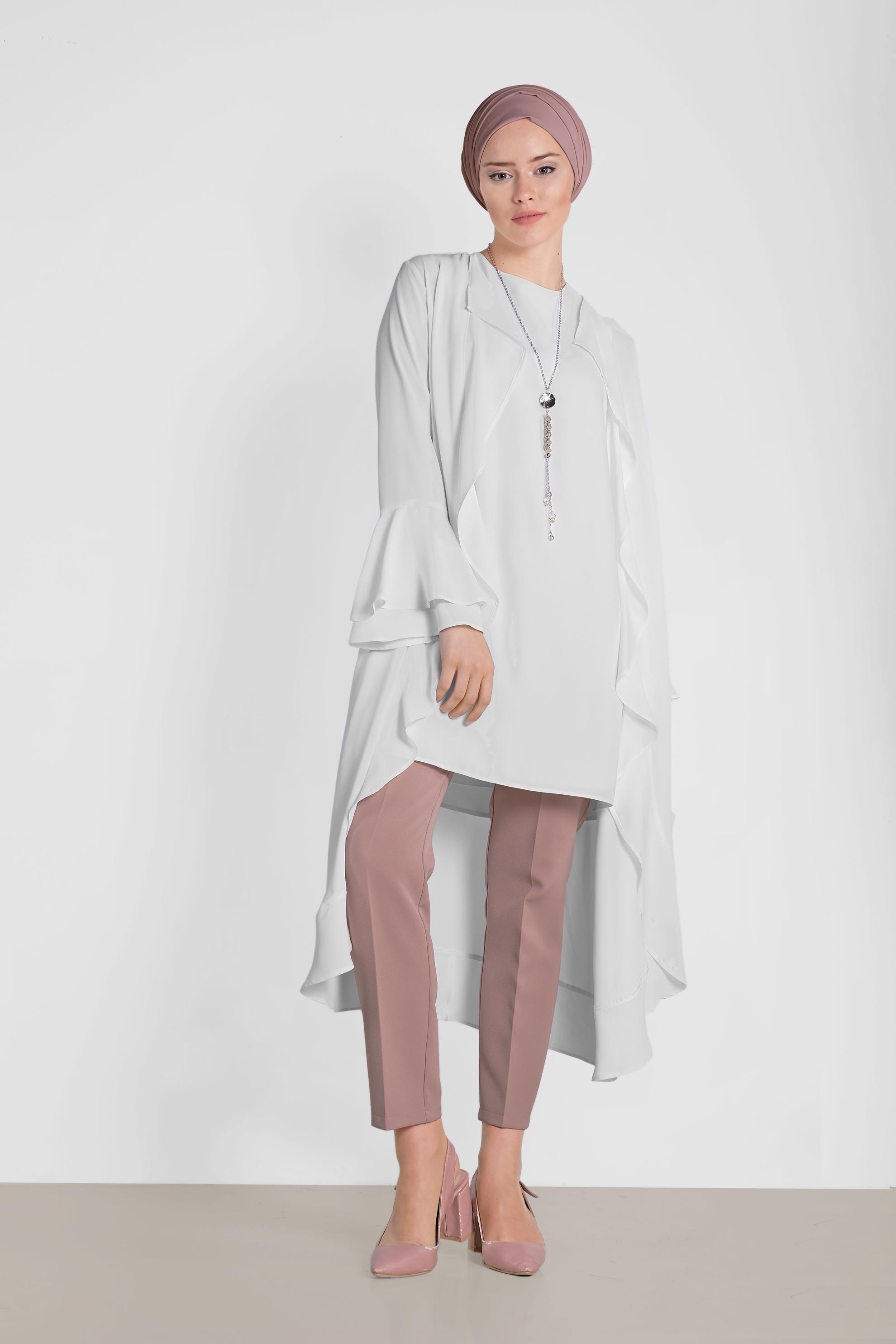 Tesettür giyim BEJ ARKASI ÇİÇEK DESENLİ ÜÇLÜ PANTOLONLU TAKIM 3503