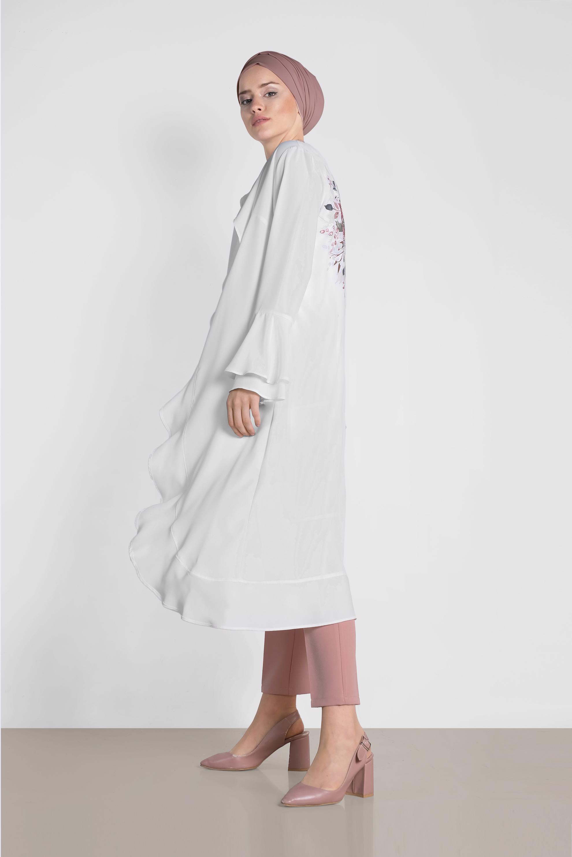 Tesettür giyim BEJ ARKASI ÇİÇEK DESENLİ ÜÇLÜ PANTOLONLU TAKIM 3503