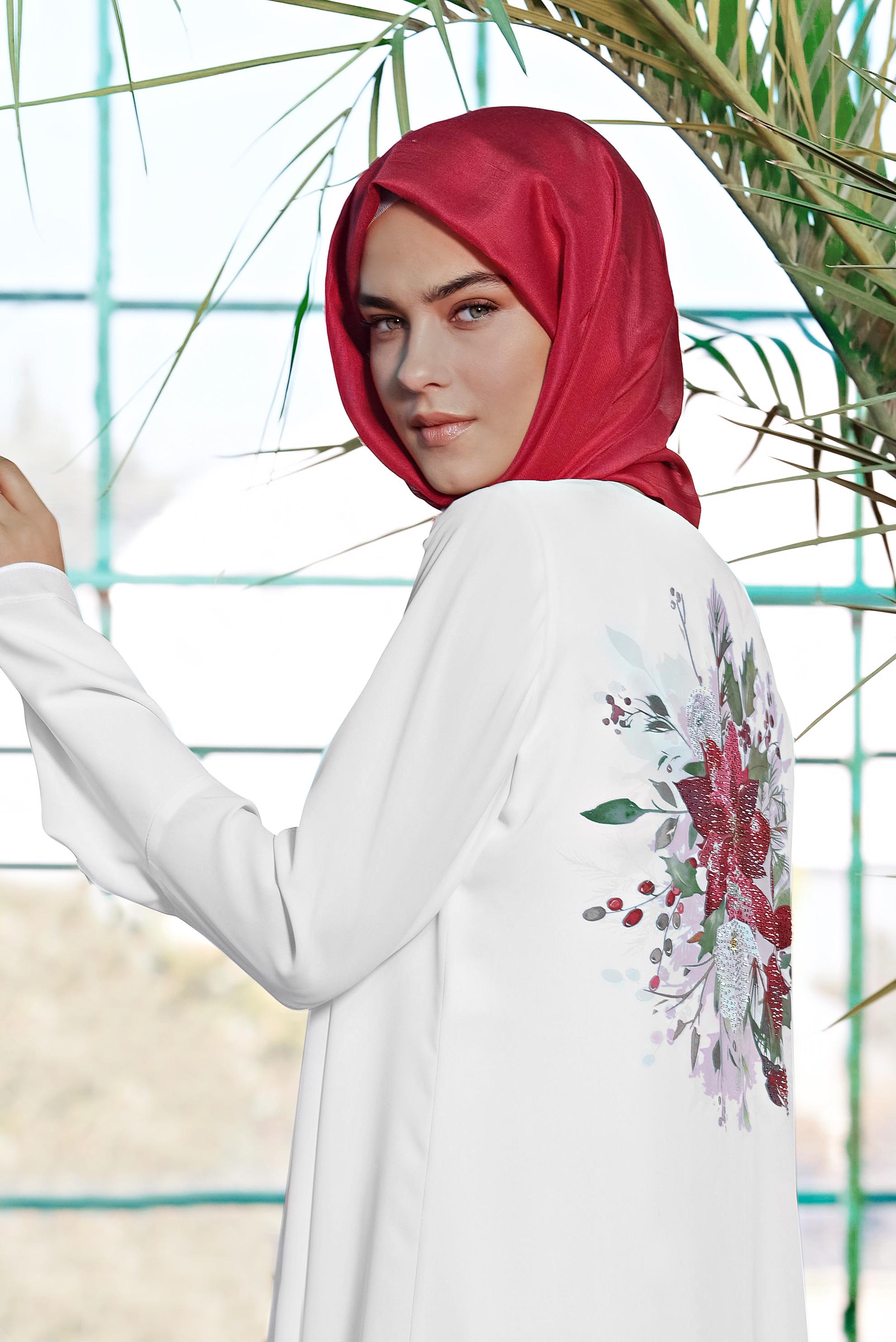 Tesettür giyim BEJ ARKASI ÇİÇEK DESENLİ ÜÇLÜ PANTOLONLU TAKIM 3503