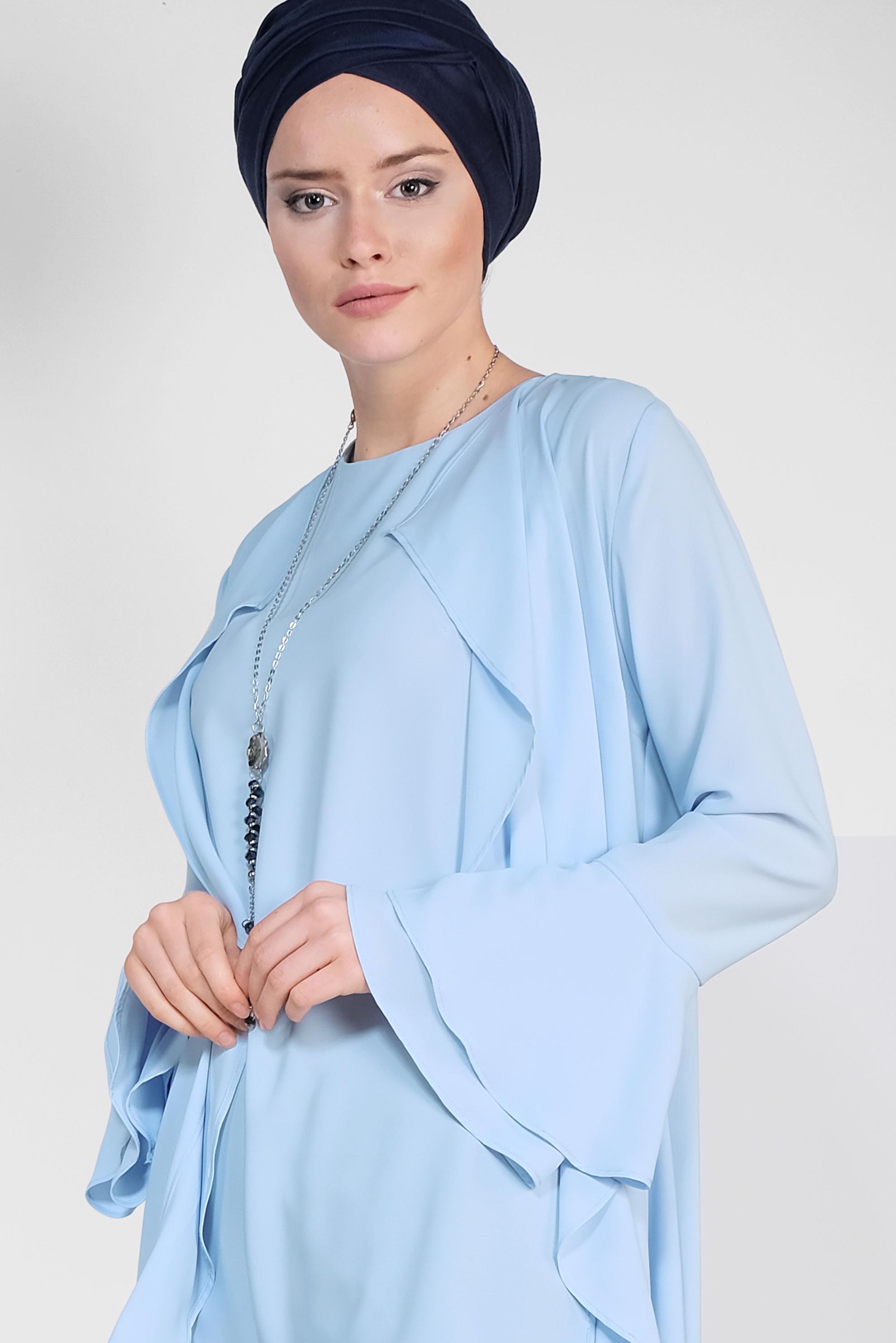 Tesettür giyim MAVİ ARKASI ÇİÇEK DESENLİ ÜÇLÜ PANTOLONLU TAKIM 3503