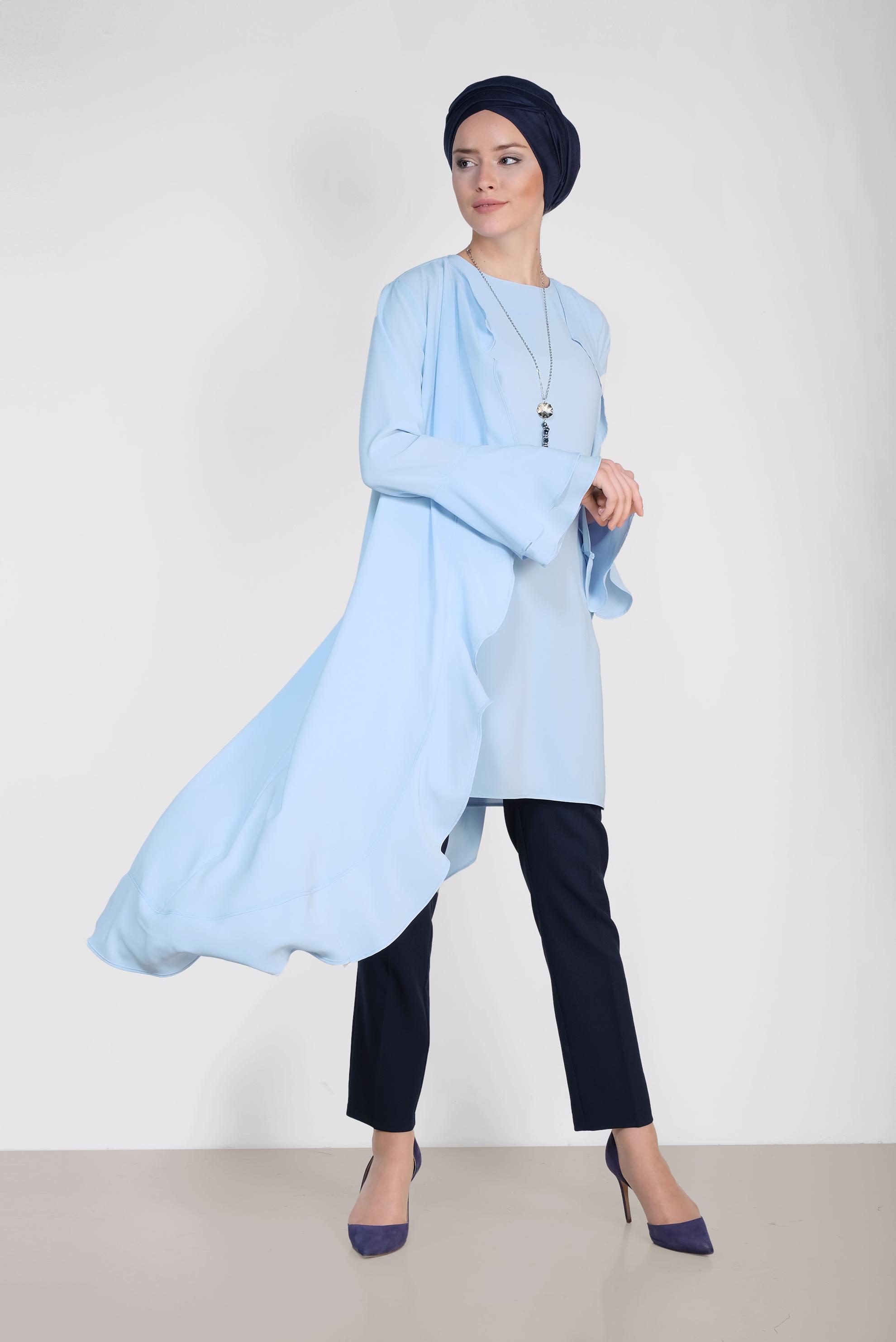 Tesettür giyim MAVİ ARKASI ÇİÇEK DESENLİ ÜÇLÜ PANTOLONLU TAKIM 3503