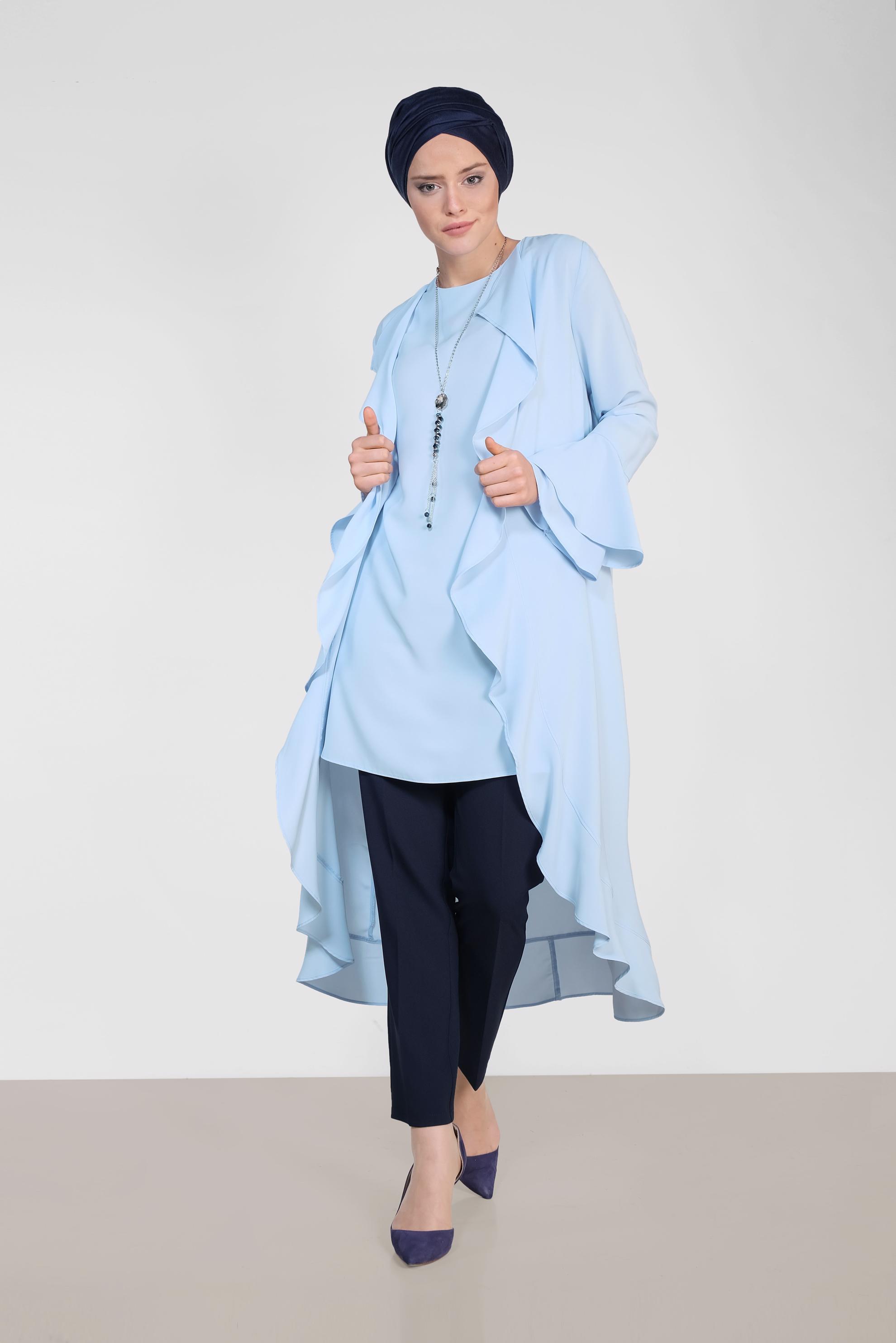 Tesettür giyim MAVİ ARKASI ÇİÇEK DESENLİ ÜÇLÜ PANTOLONLU TAKIM 3503