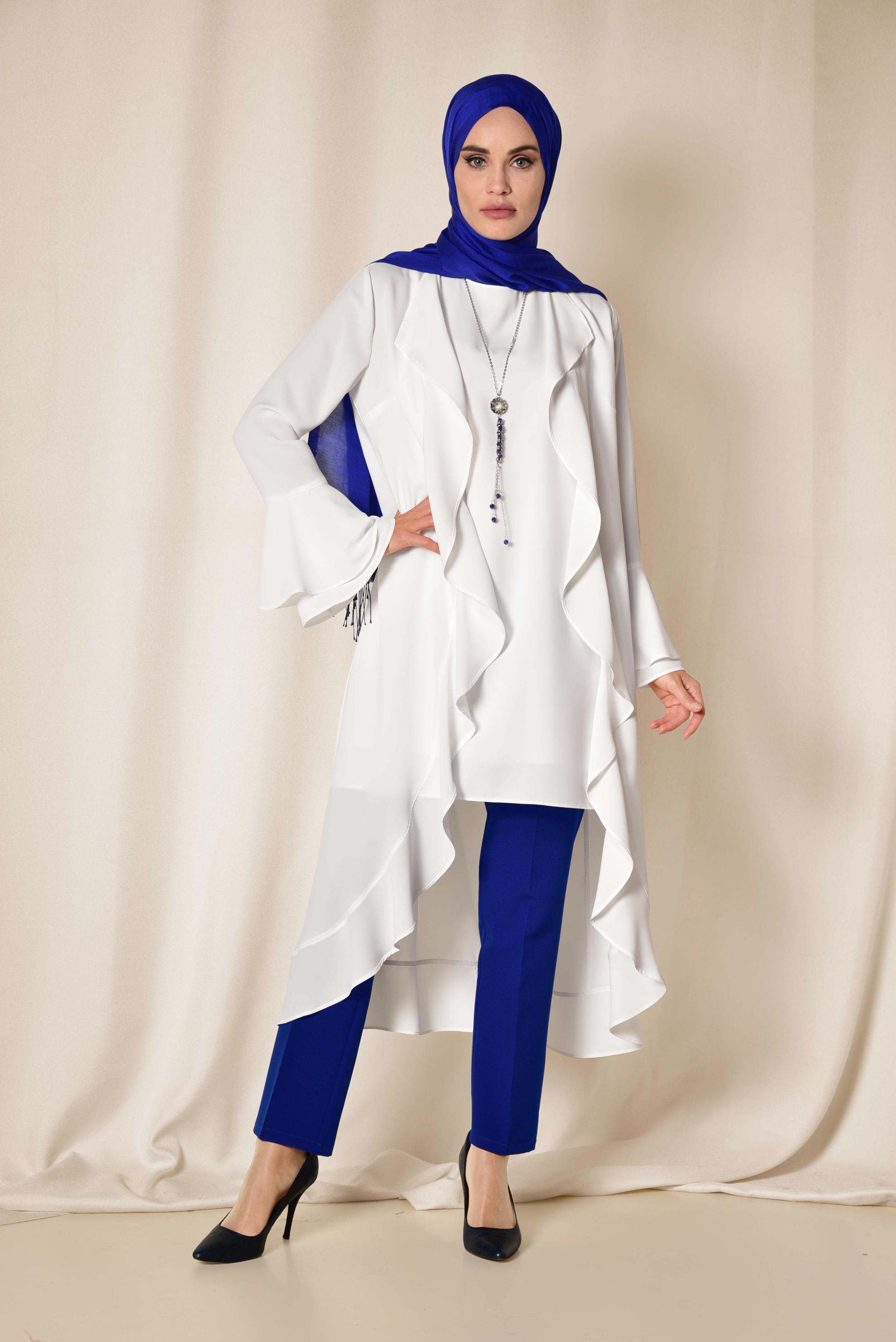 Tesettür giyim BEJ ARKASI ÇİÇEK DESENLİ ÜÇLÜ PANTOLONLU TAKIM 3503