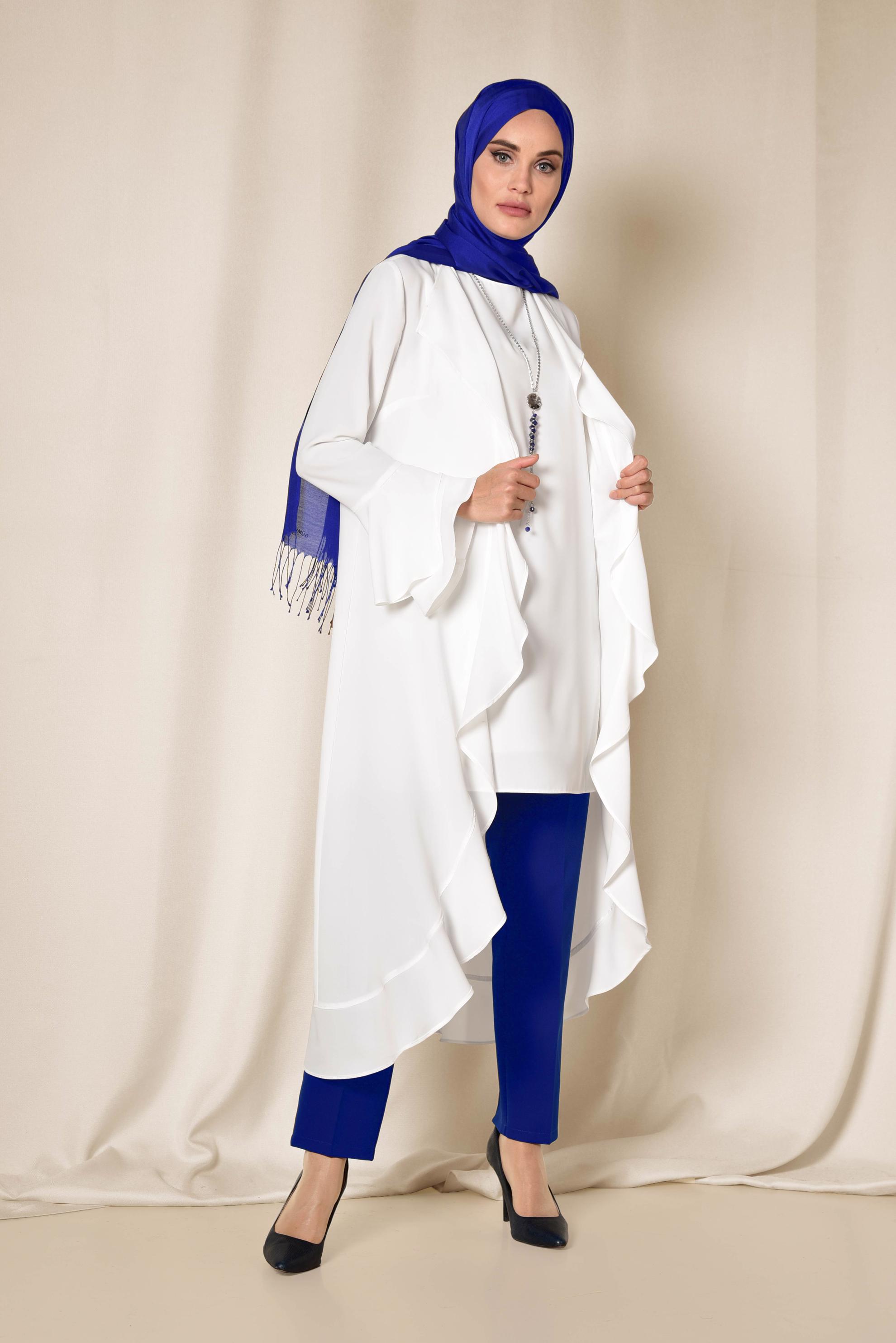 Tesettür giyim BEJ ARKASI ÇİÇEK DESENLİ ÜÇLÜ PANTOLONLU TAKIM 3503