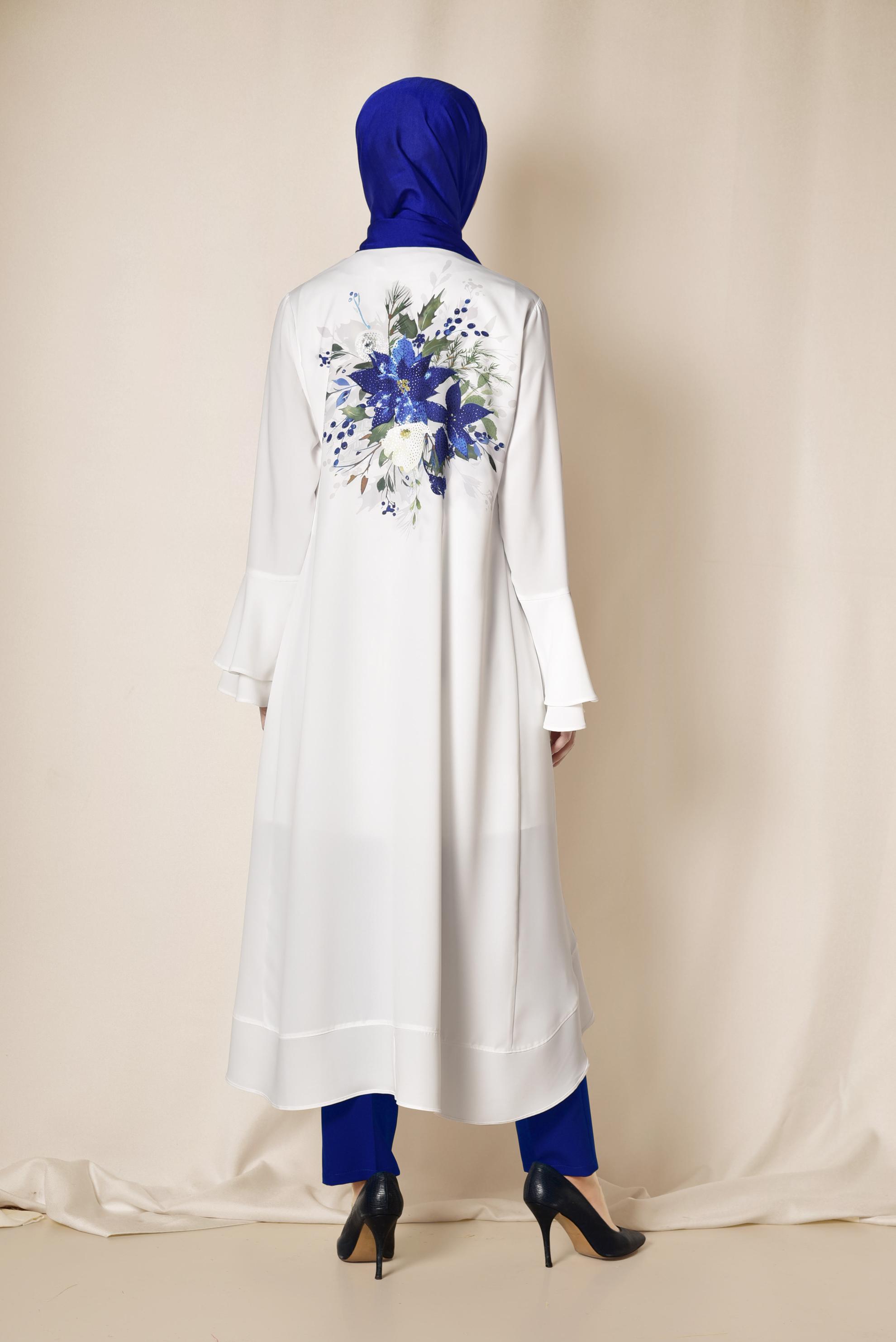 Tesettür giyim BEJ ARKASI ÇİÇEK DESENLİ ÜÇLÜ PANTOLONLU TAKIM 3503