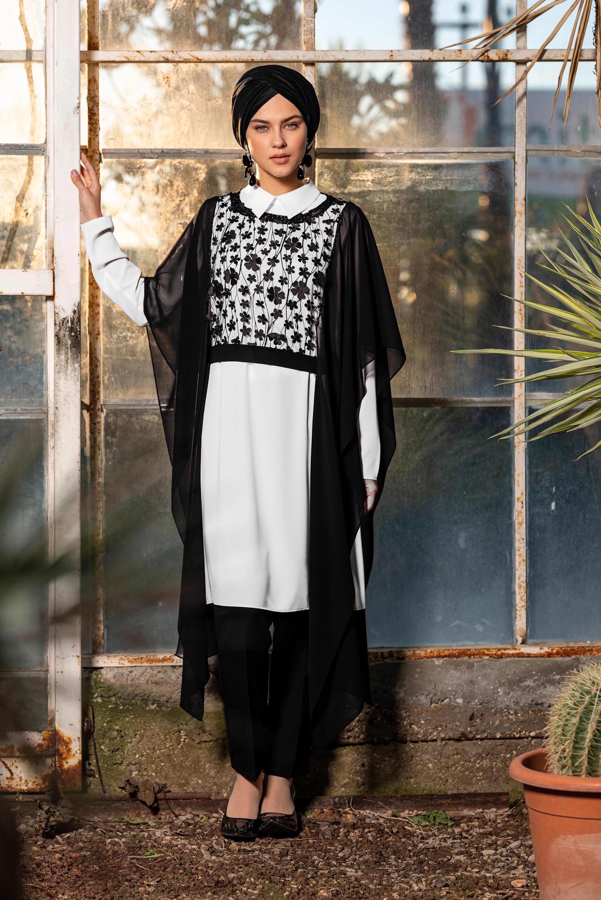 Tesettür giyim SİYAH ÇİÇEK DETAYLI TÜLLÜ ÜÇLÜ PANT. TAKIM 3505 