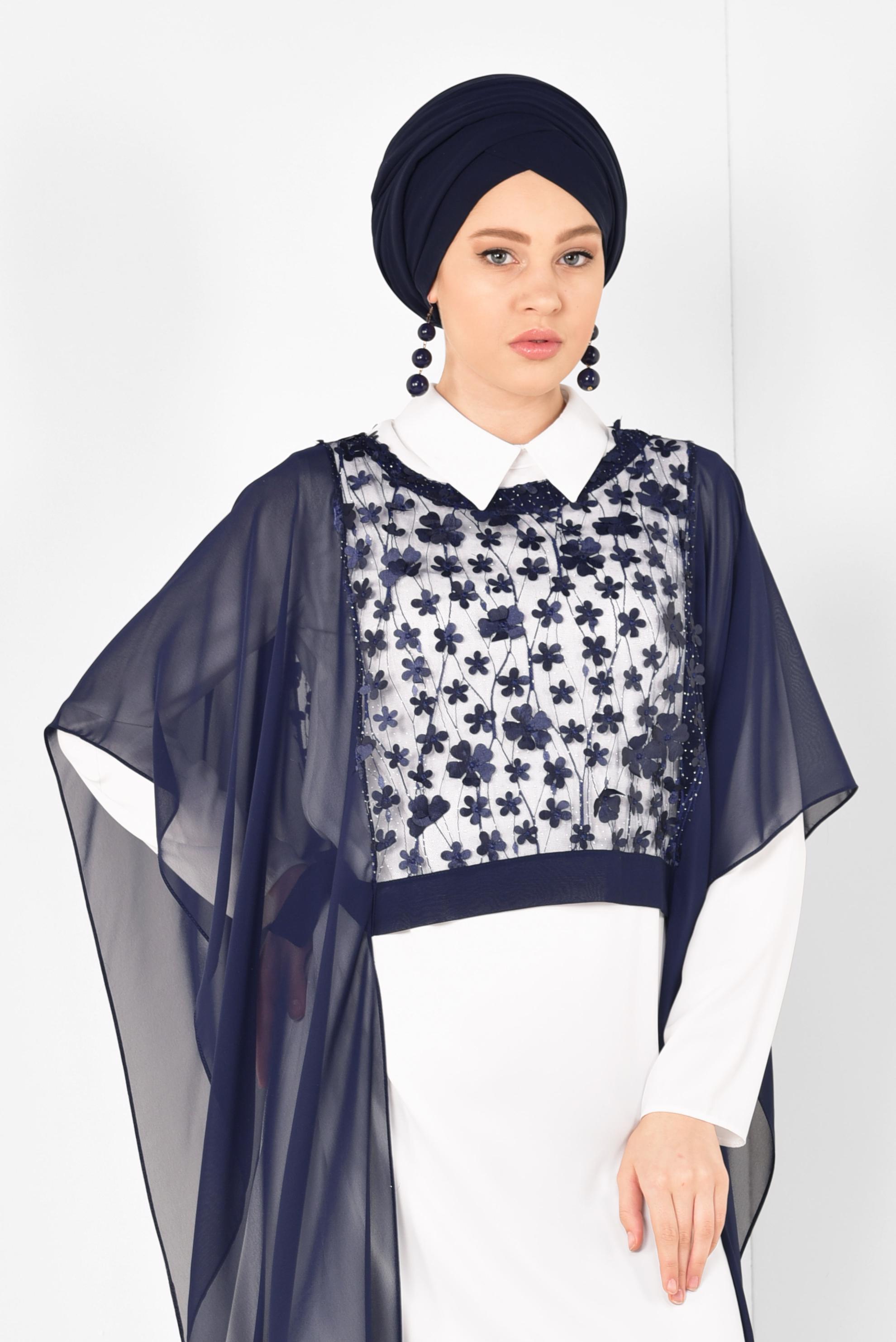 Tesettür giyim LACİVERT ÇİÇEK DETAYLI TÜLLÜ ÜÇLÜ PANT. TAKIM 3505 