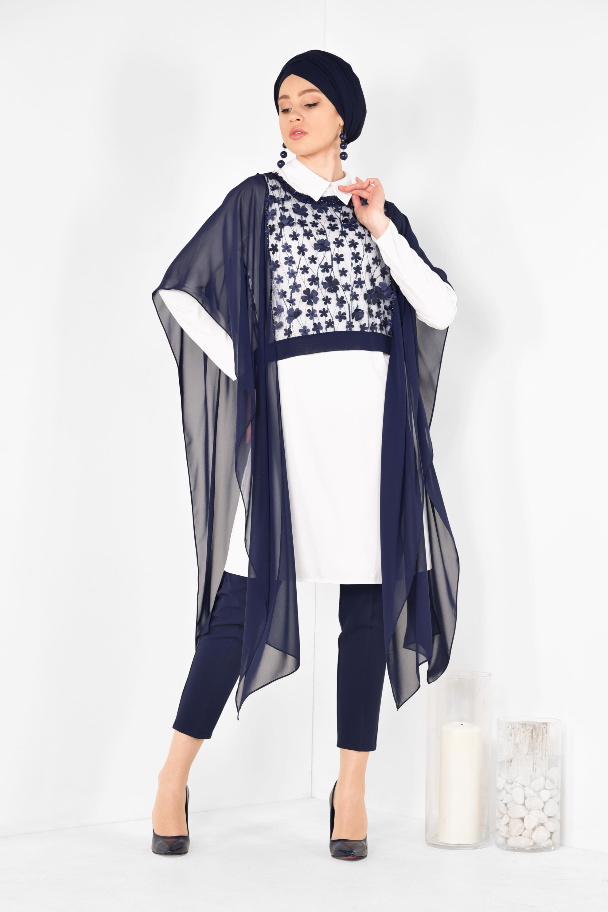 Tesettür giyim LACİVERT ÇİÇEK DETAYLI TÜLLÜ ÜÇLÜ PANT. TAKIM 3505 