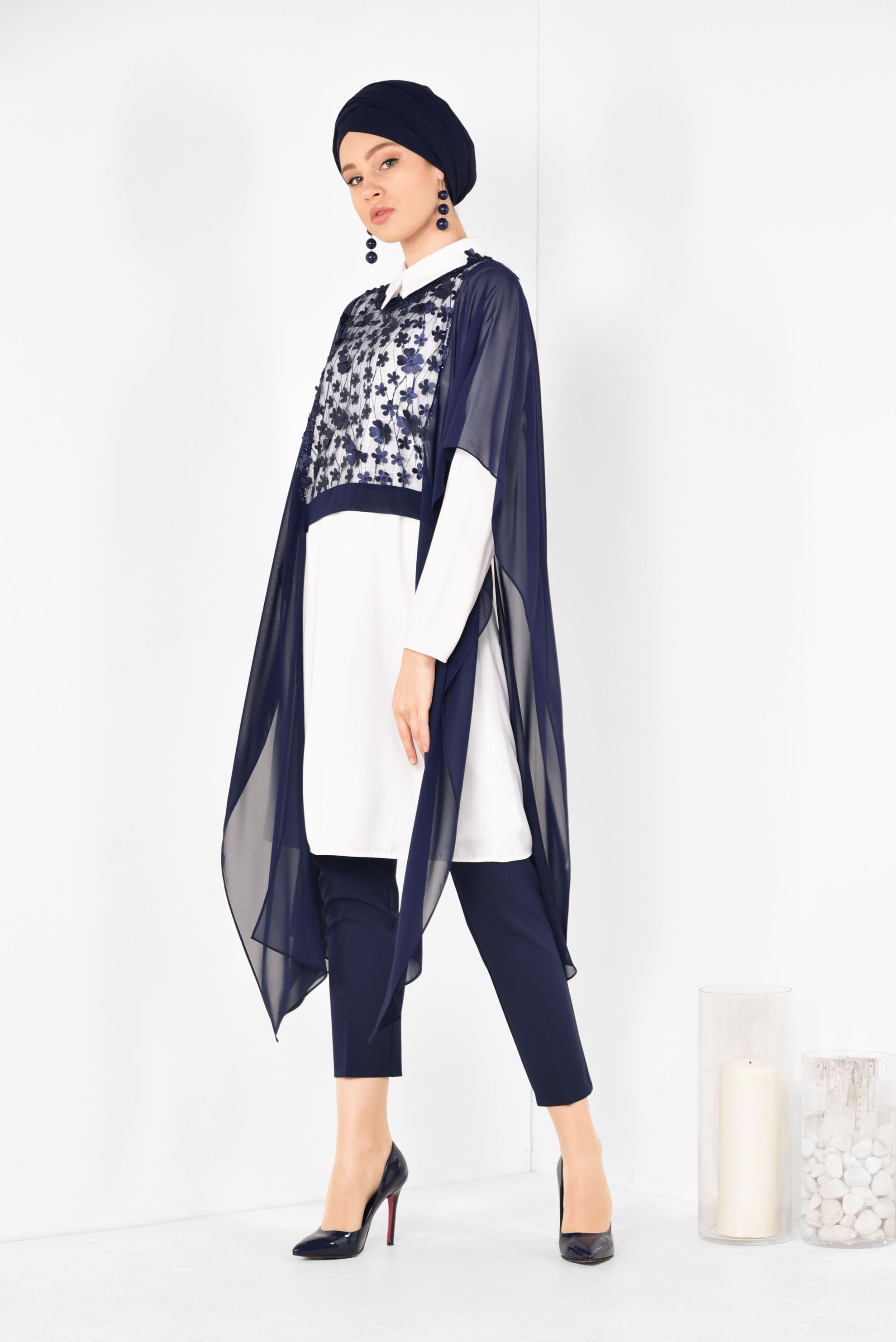 Tesettür giyim LACİVERT ÇİÇEK DETAYLI TÜLLÜ ÜÇLÜ PANT. TAKIM 3505 