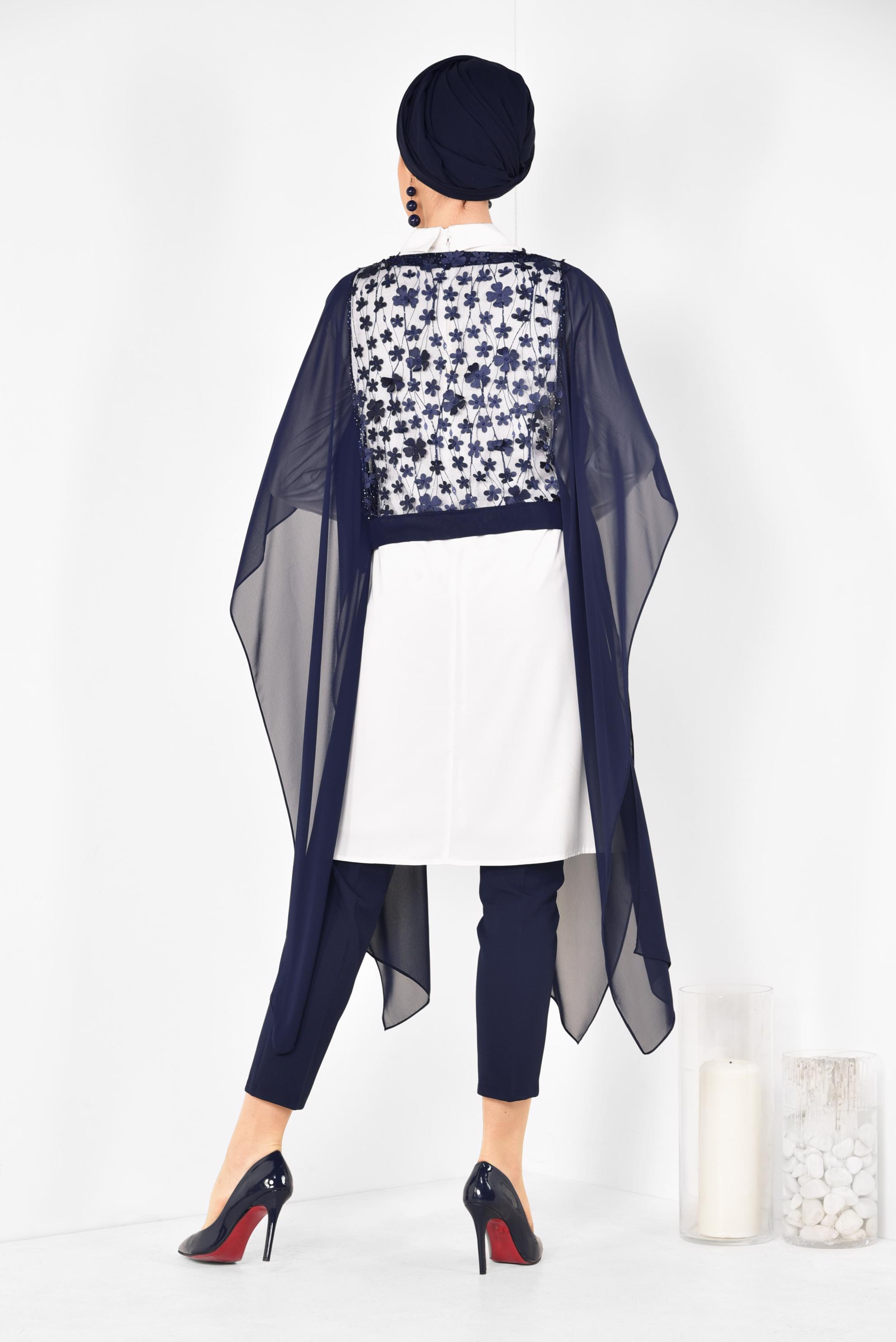 Tesettür giyim LACİVERT ÇİÇEK DETAYLI TÜLLÜ ÜÇLÜ PANT. TAKIM 3505 