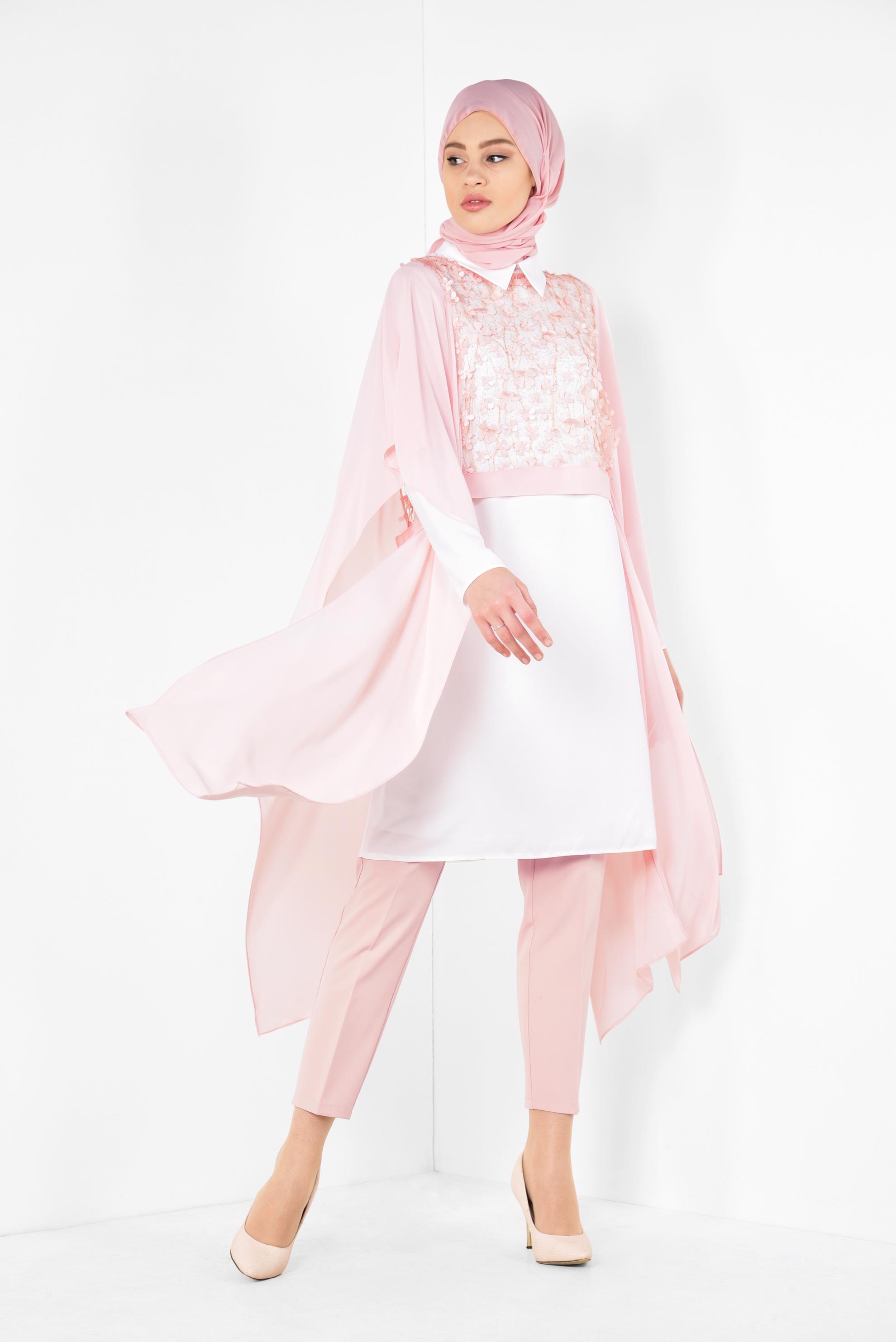 Tesettür giyim PUDRA ÇİÇEK DETAYLI TÜLLÜ ÜÇLÜ PANT. TAKIM 3505 