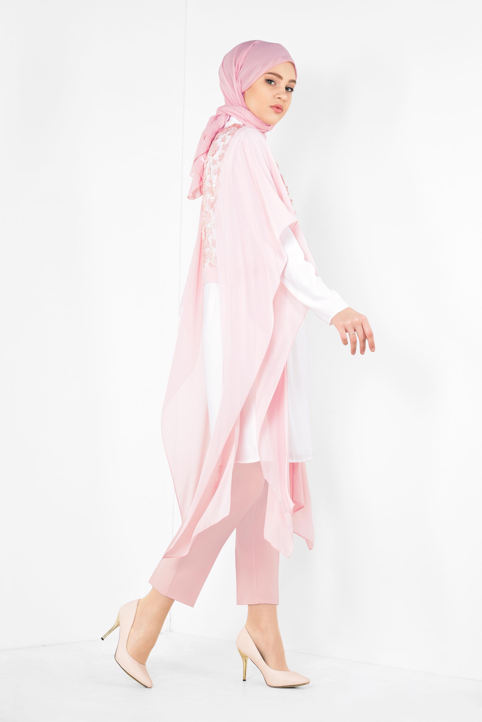 Tesettür giyim PUDRA ÇİÇEK DETAYLI TÜLLÜ ÜÇLÜ PANT. TAKIM 3505 
