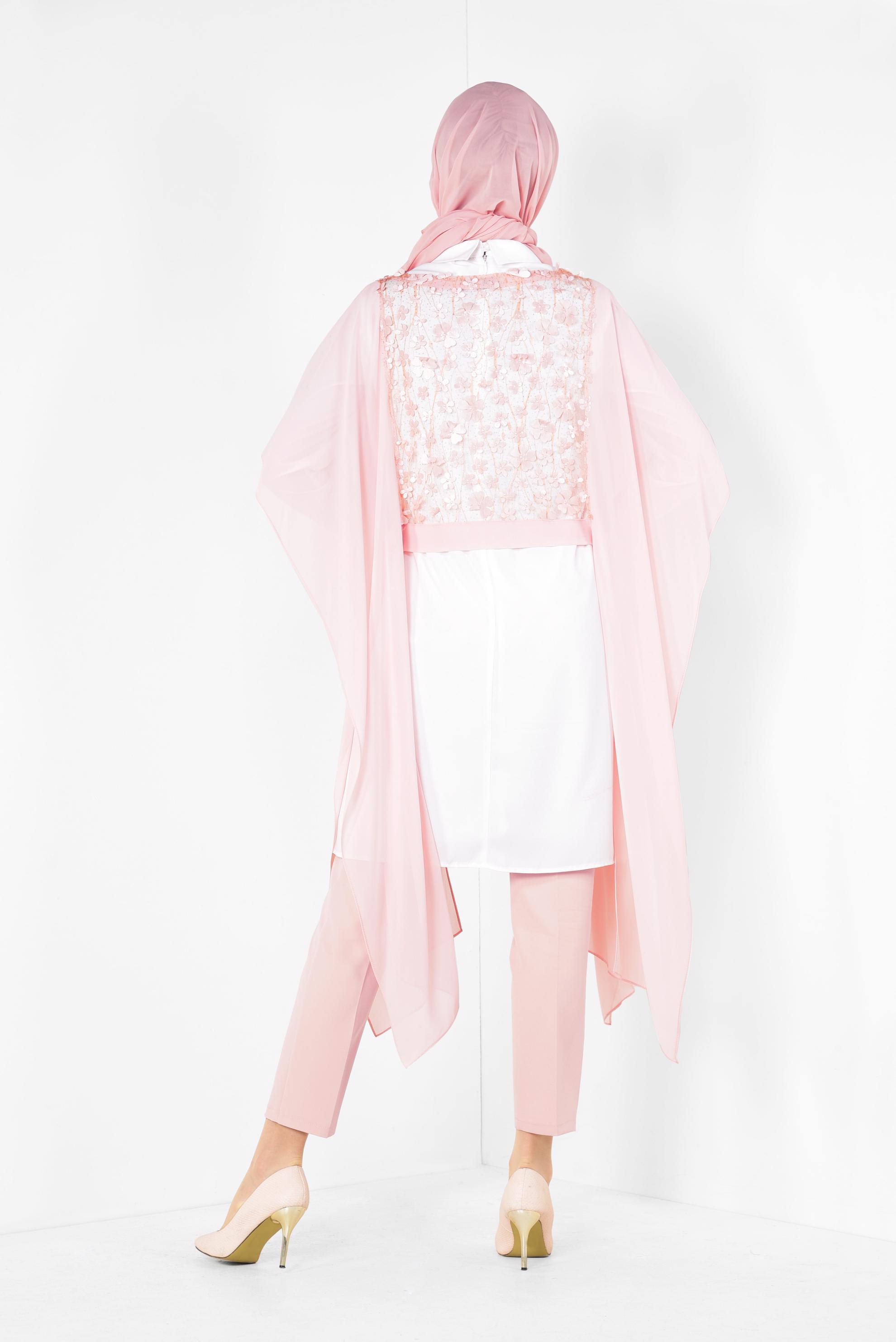 Tesettür giyim PUDRA ÇİÇEK DETAYLI TÜLLÜ ÜÇLÜ PANT. TAKIM 3505 