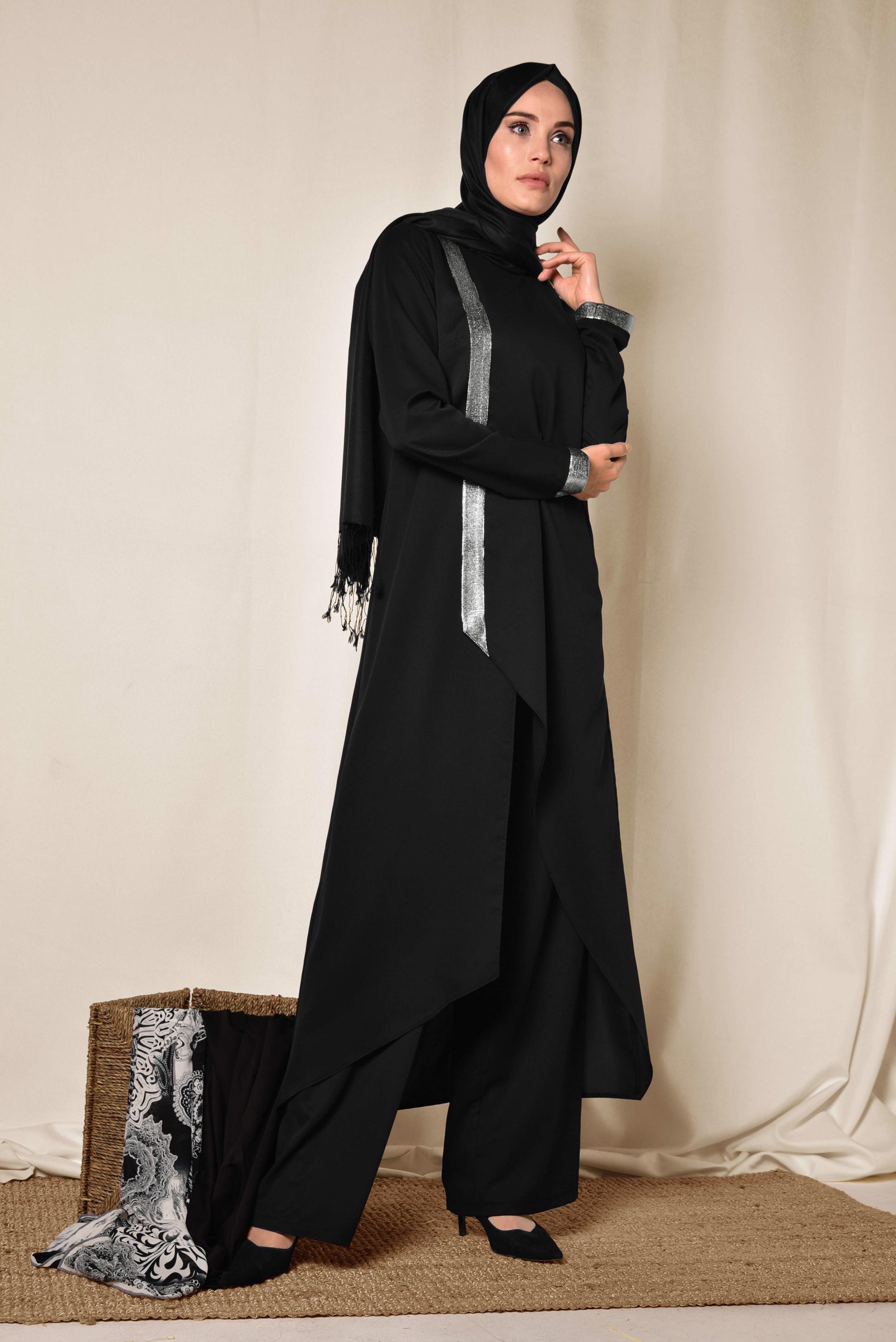 Tesettür giyim SİYAH ASİMETRİK KESİM İKİLİ PANTOLONLU TAKIM 3508