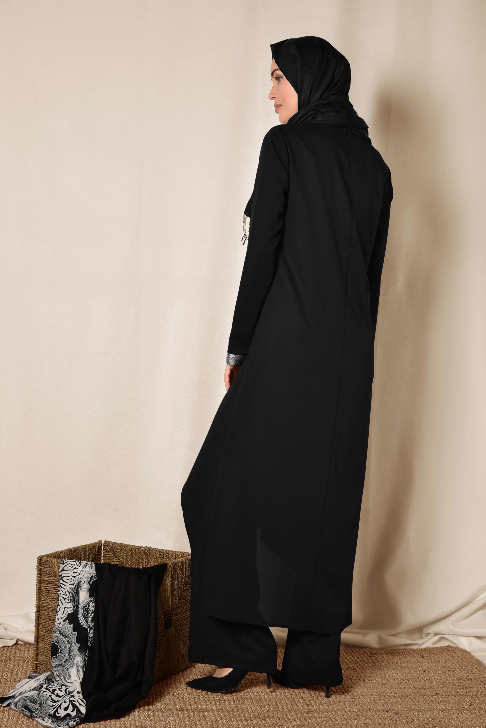 Tesettür giyim SİYAH ASİMETRİK KESİM İKİLİ PANTOLONLU TAKIM 3508