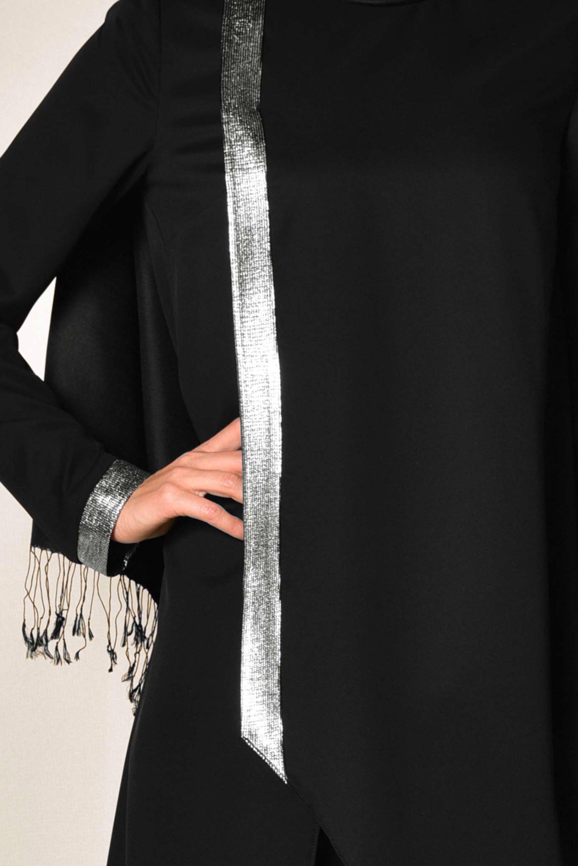 Tesettür giyim SİYAH ASİMETRİK KESİM İKİLİ PANTOLONLU TAKIM 3508