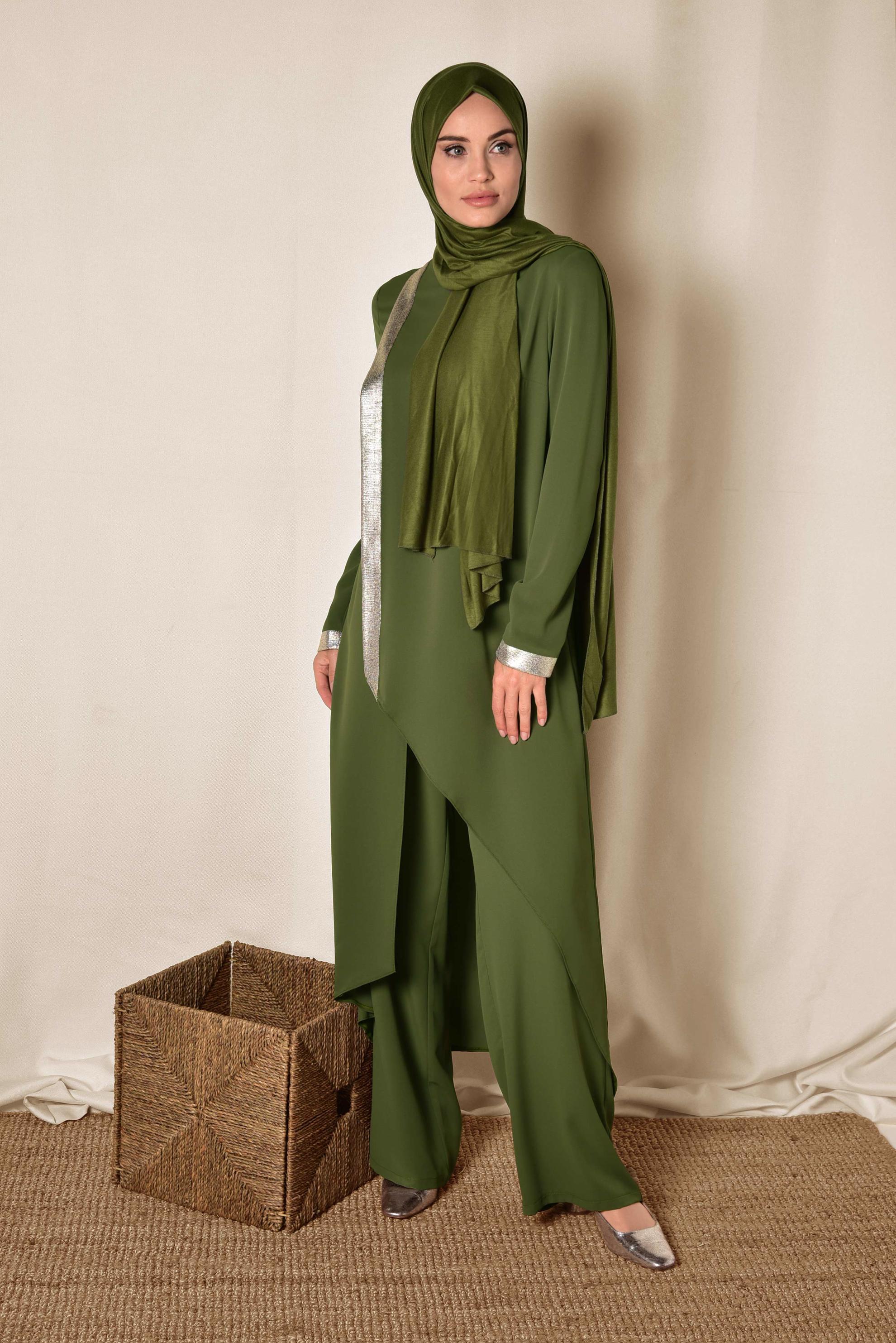 Tesettür giyim HAKİ ASİMETRİK KESİM İKİLİ PANTOLONLU TAKIM 3508